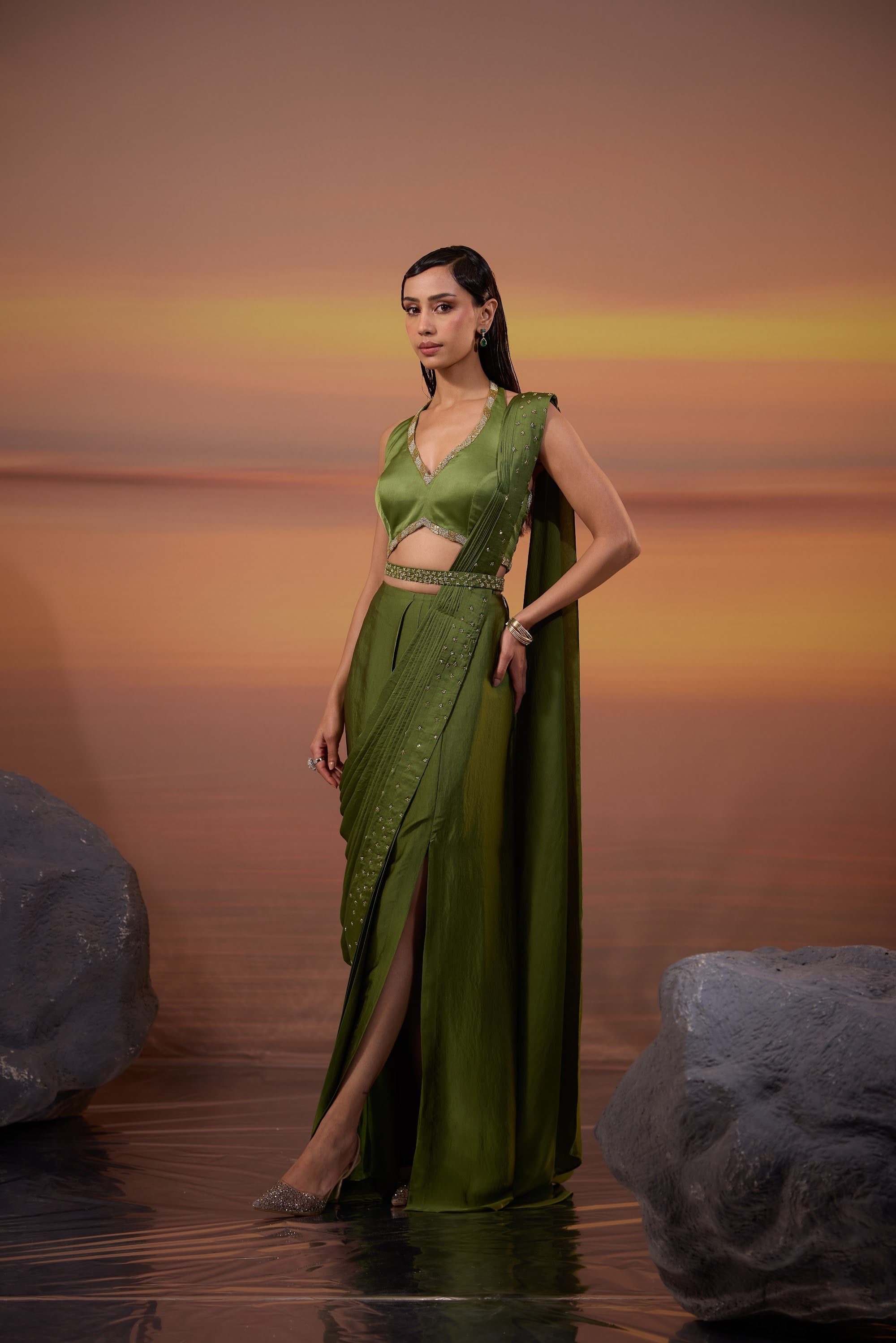 Olive Green Halter Neck Draped Saree Set - view 5