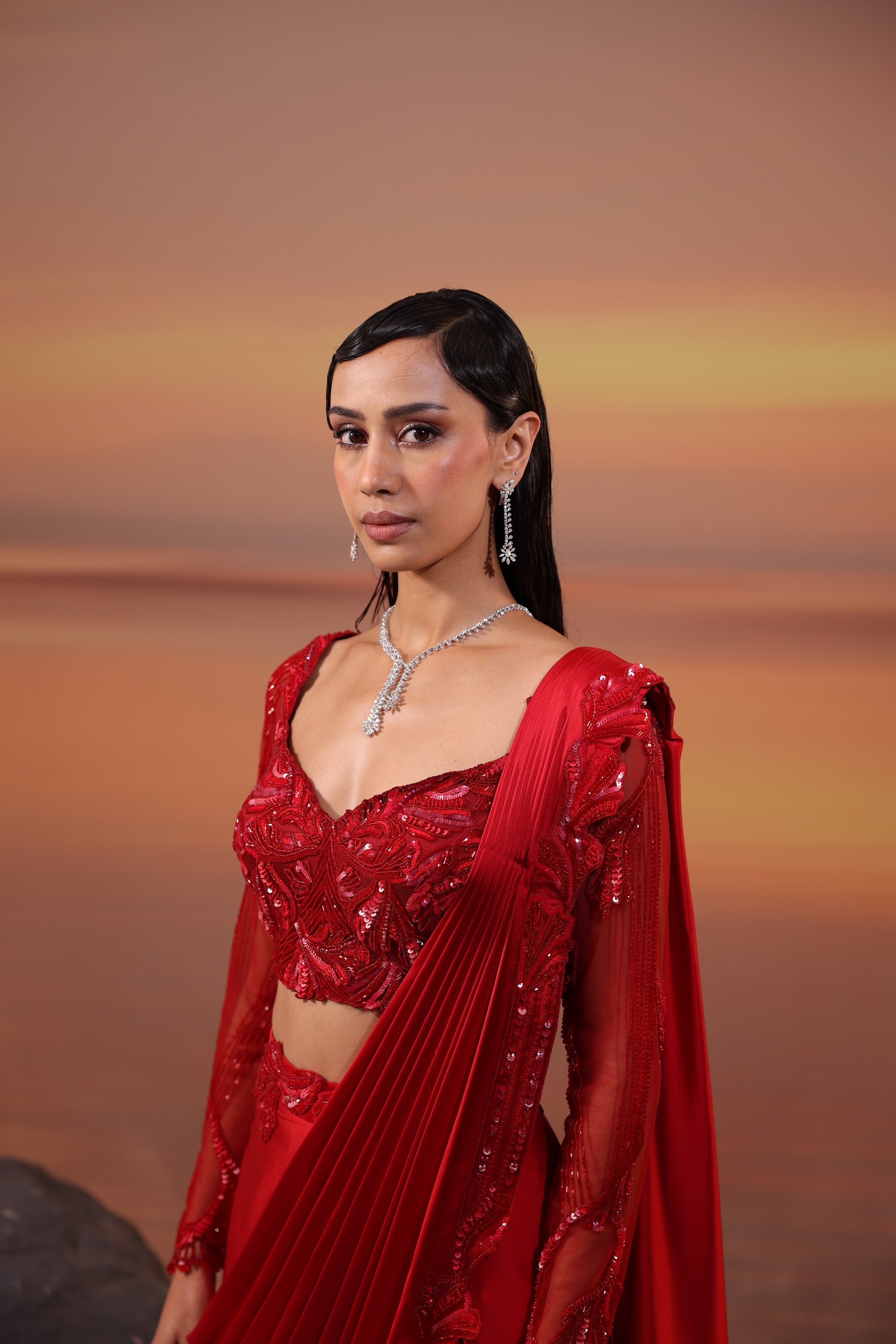 Crimson Embroidered Palla Drape Saree - view 6
