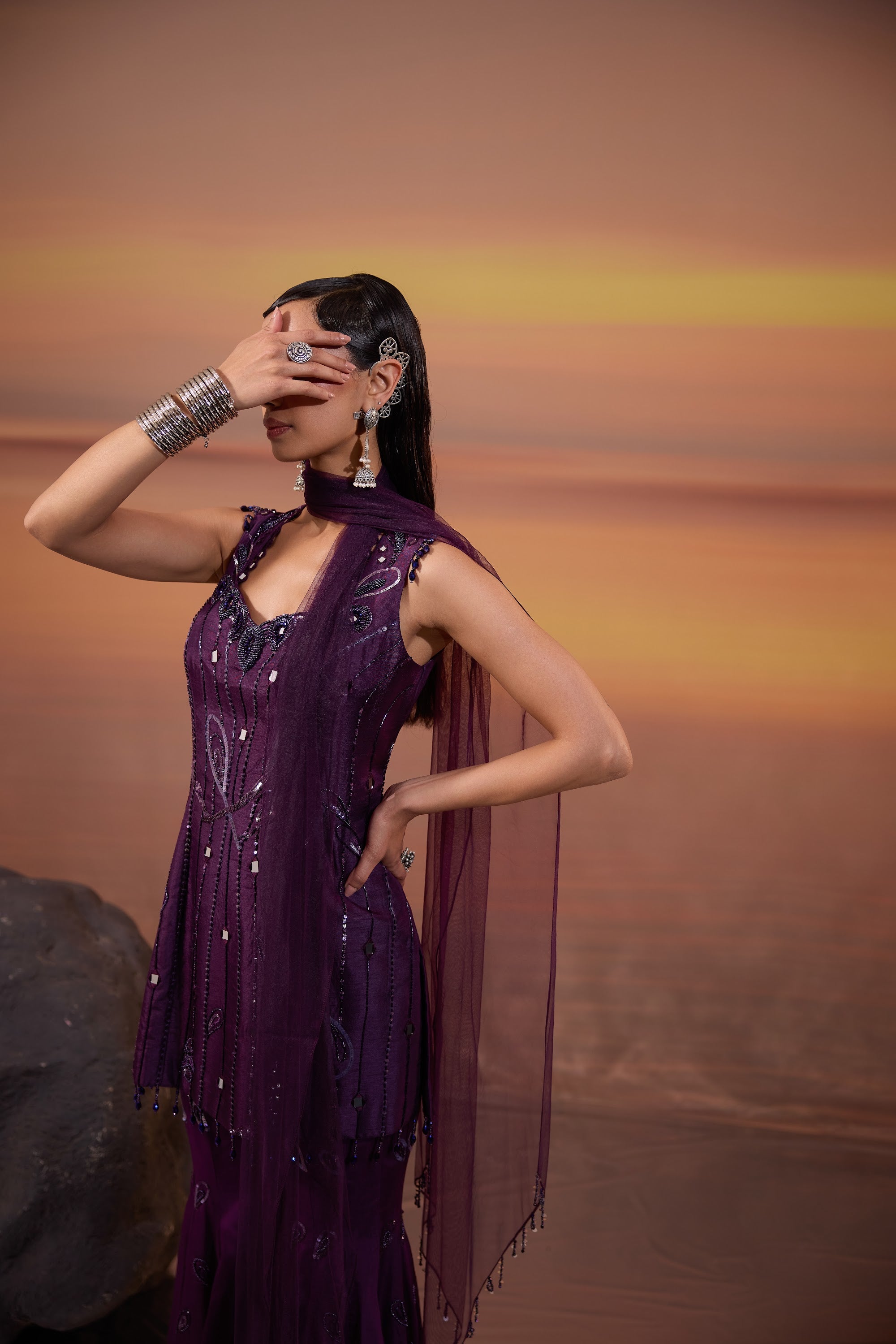 Dark Amethyst Embellished Sharara Set - view 4
