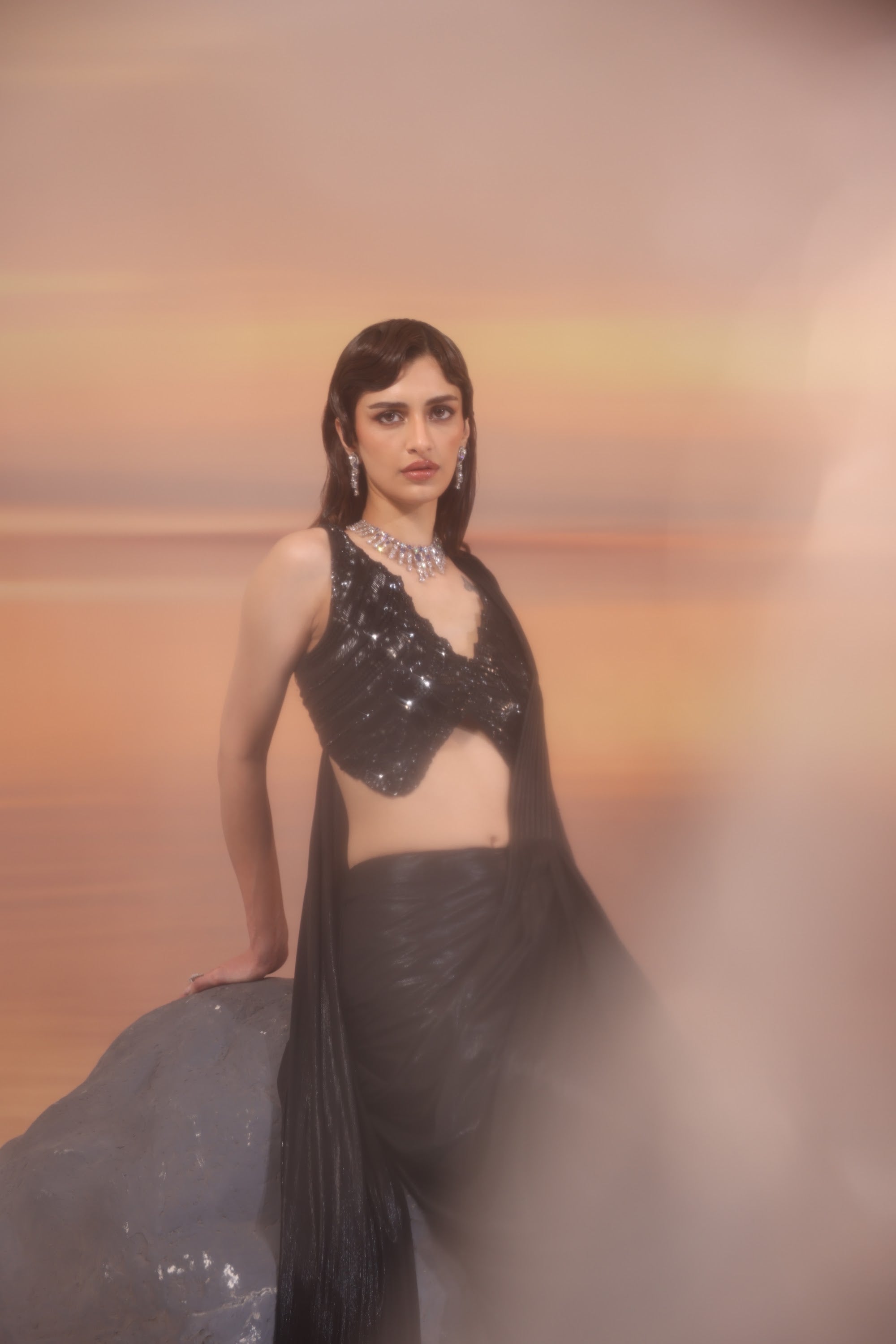 Black Drape Saree with Embellished Blouse - view 7