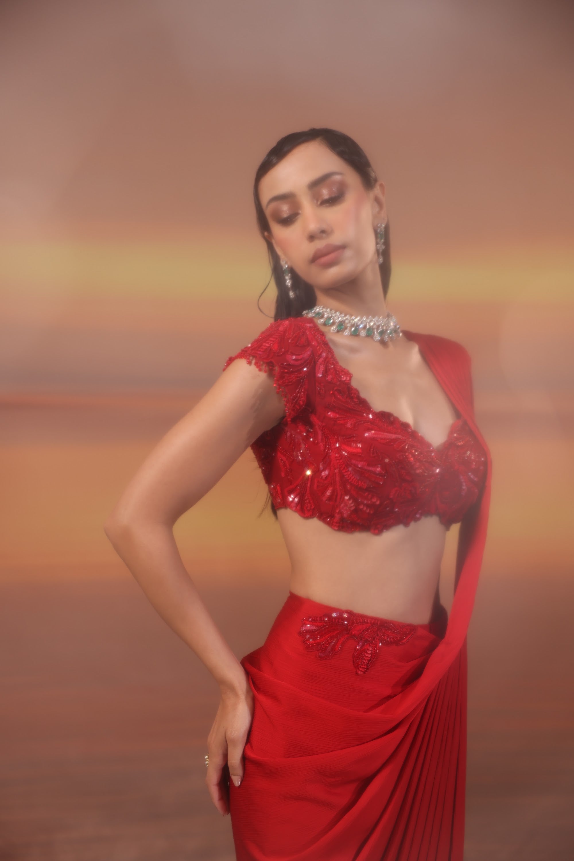 Crimson Pleated Drape Saree - view 10