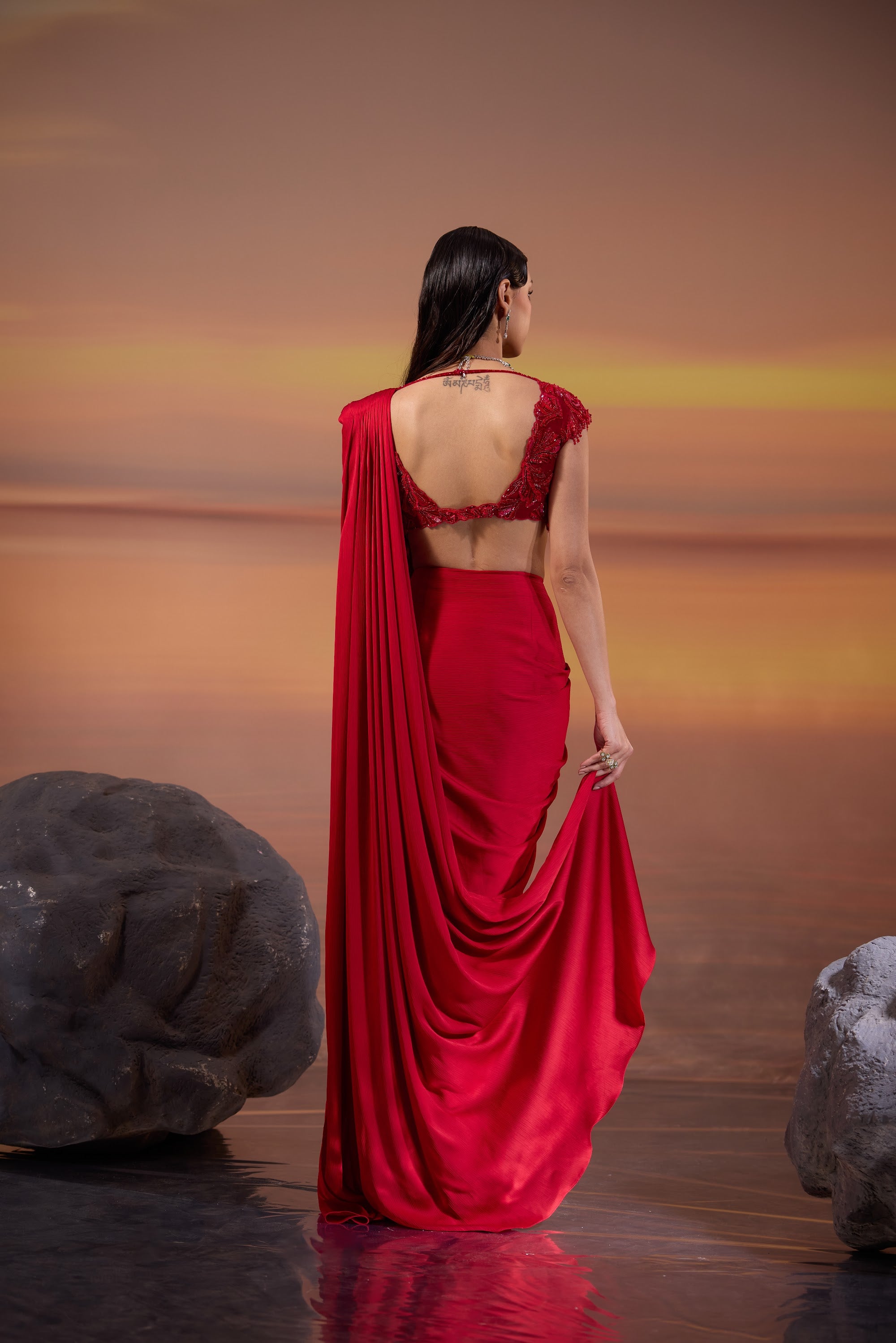 Crimson Pleated Drape Saree - view 2