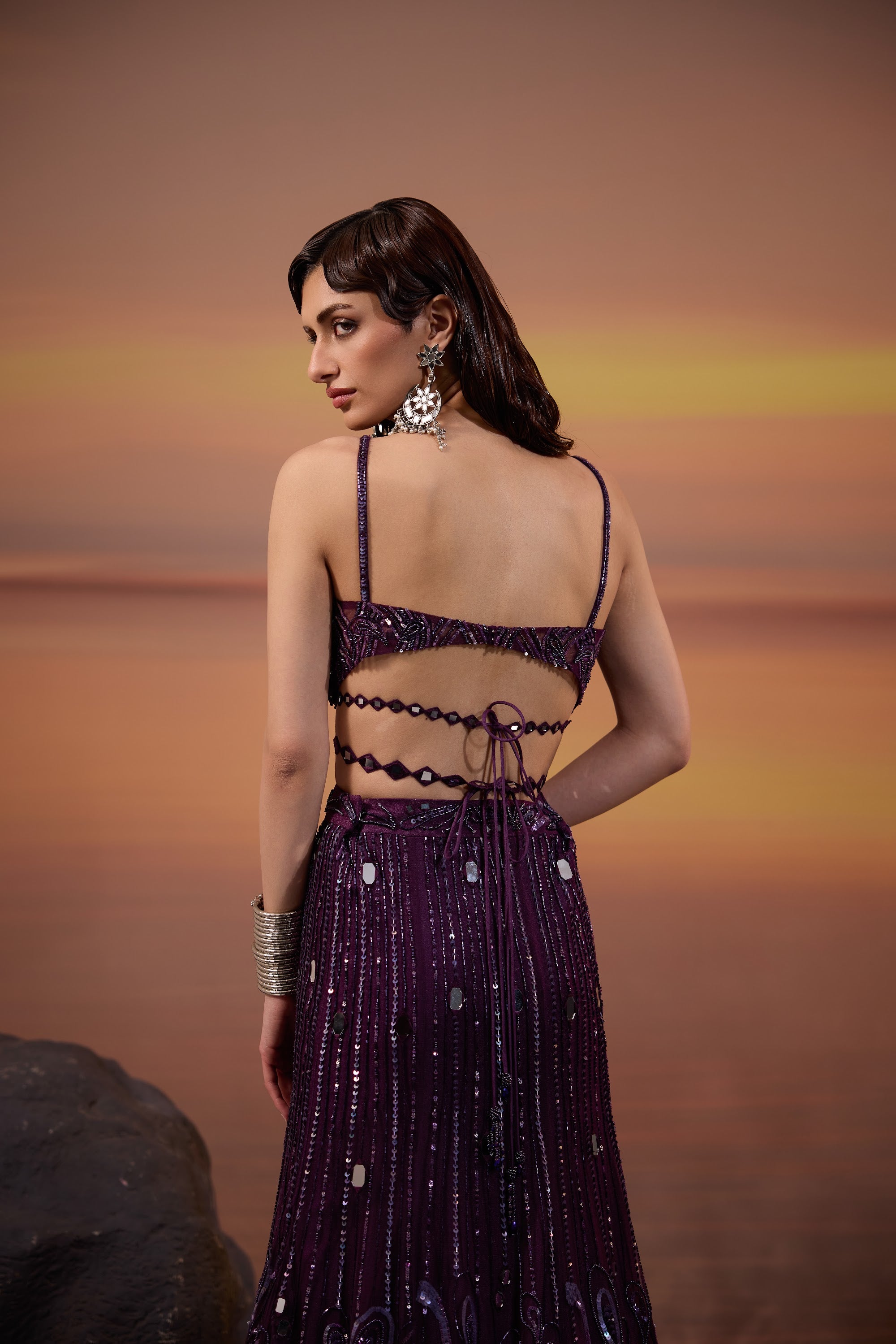 Dark Amethyst Embellished Lehenga Set - view 11