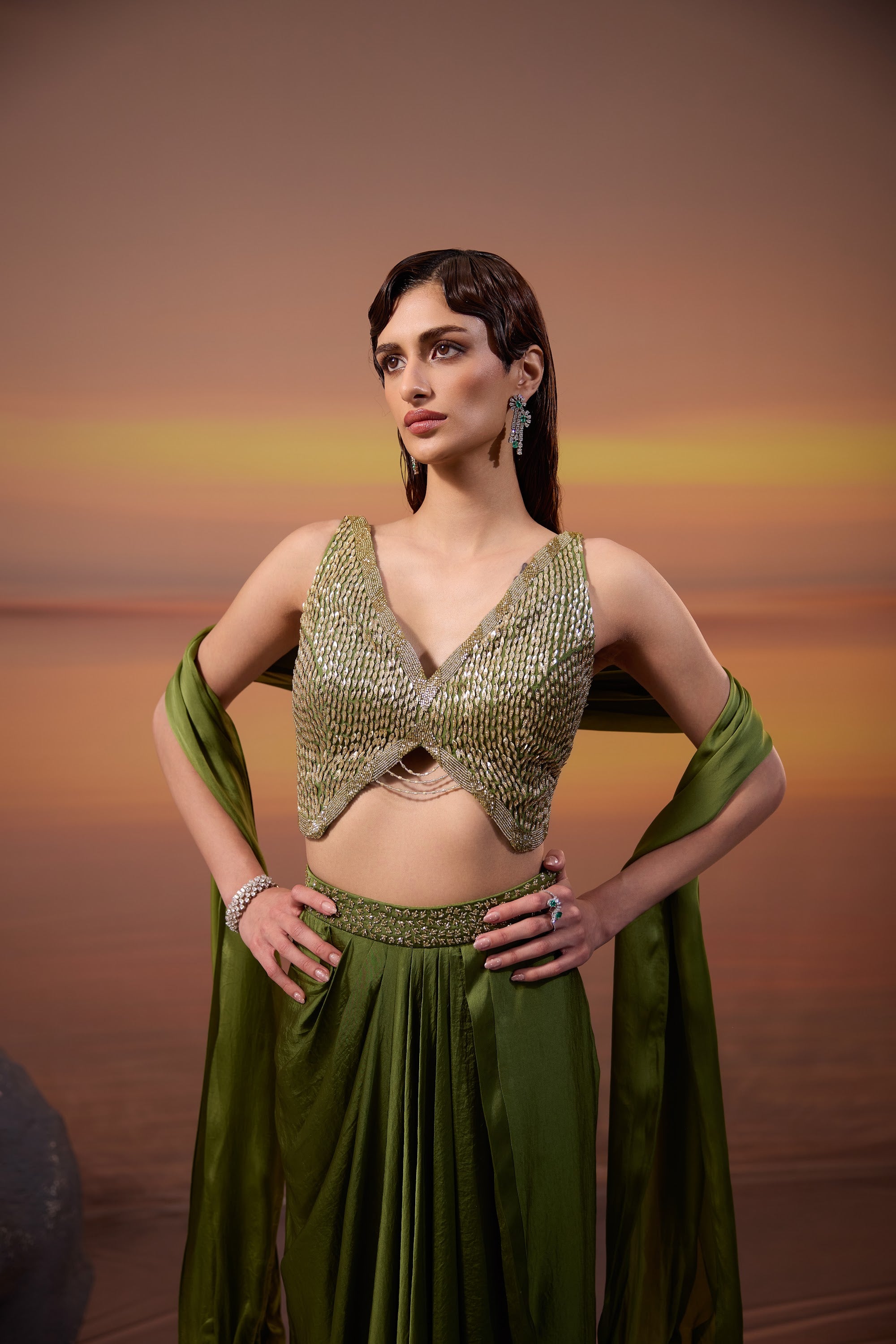 Olive Green Skirt with Smoked Stole Set - view 5