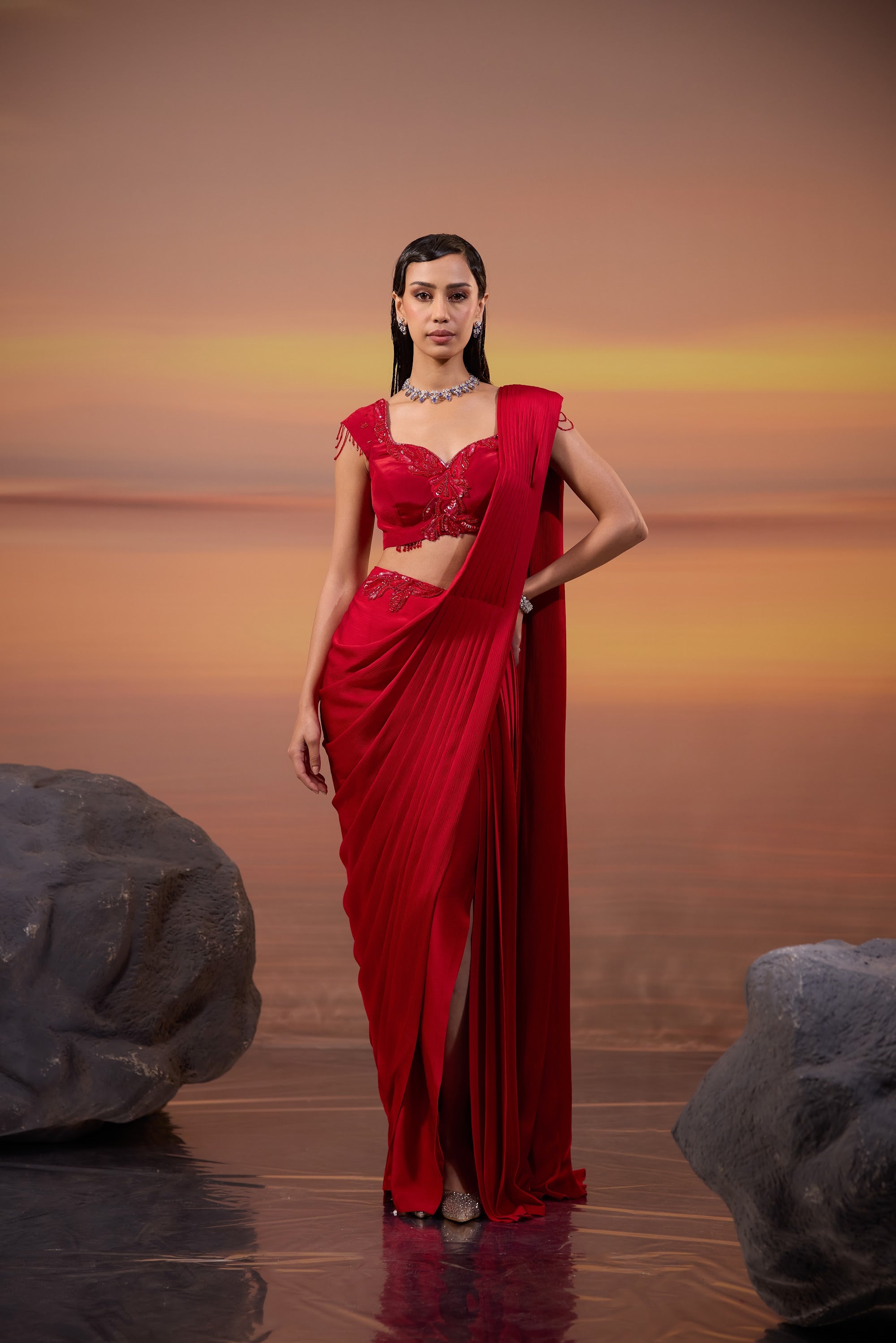 Red Embellished Drape Saree - main image