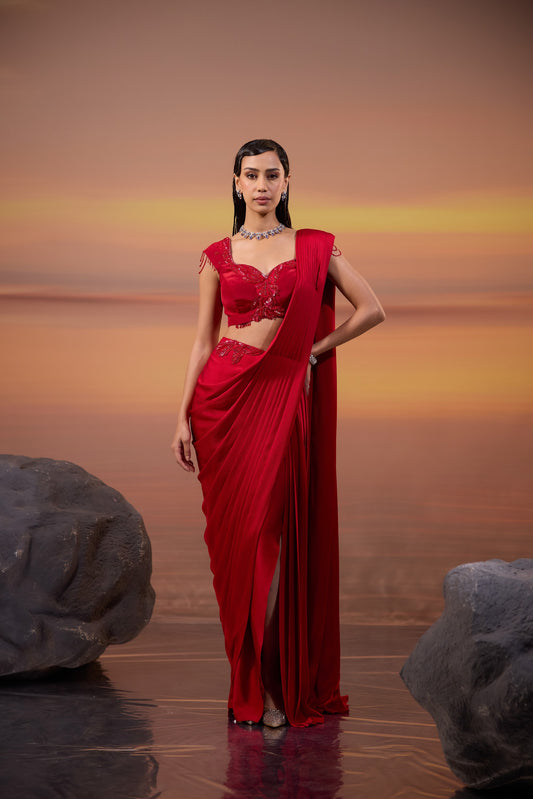 Red Embellished Drape Saree - main image