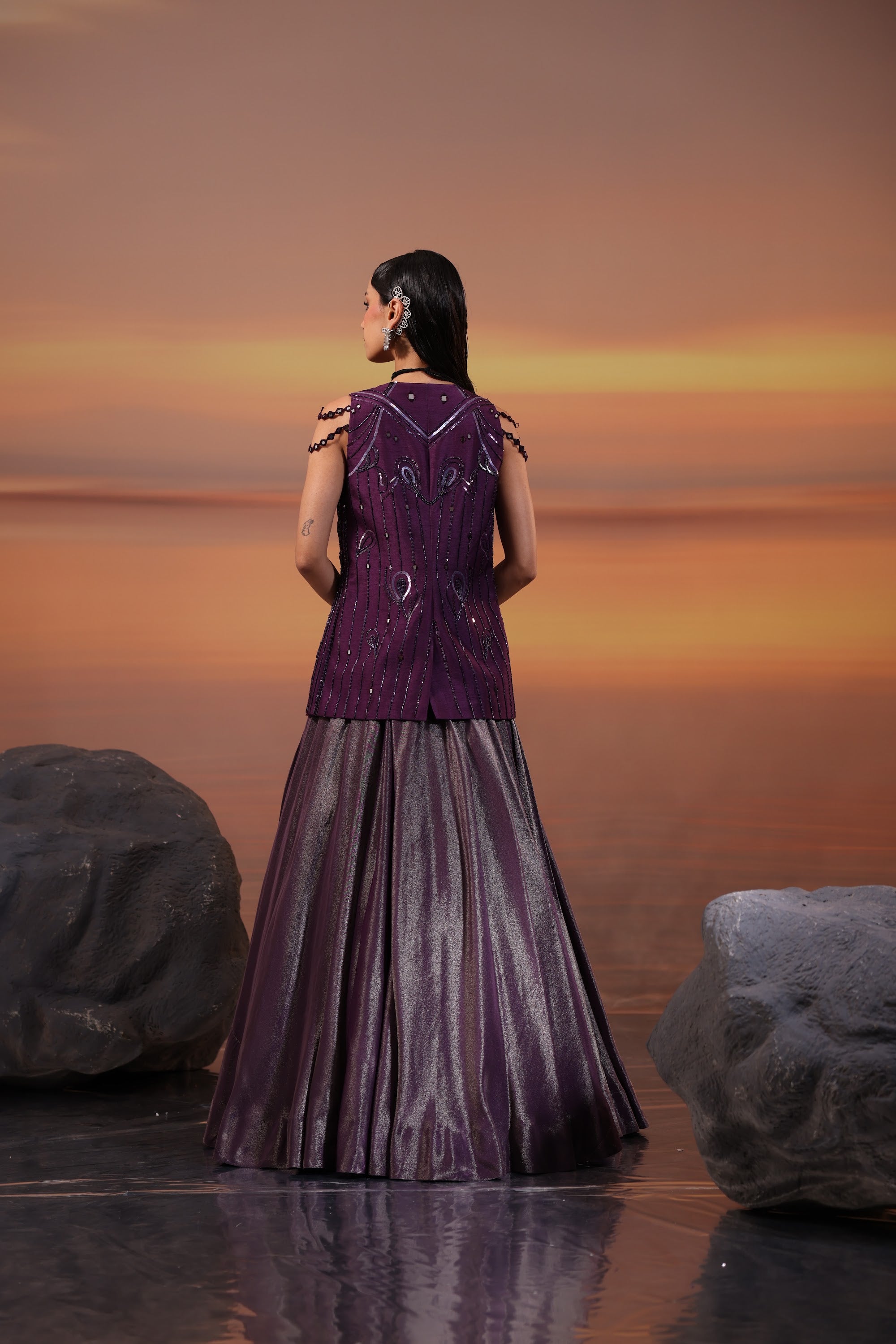 Dark Amethyst Embellished Jacket with Tissue Lehenga Set - view 6