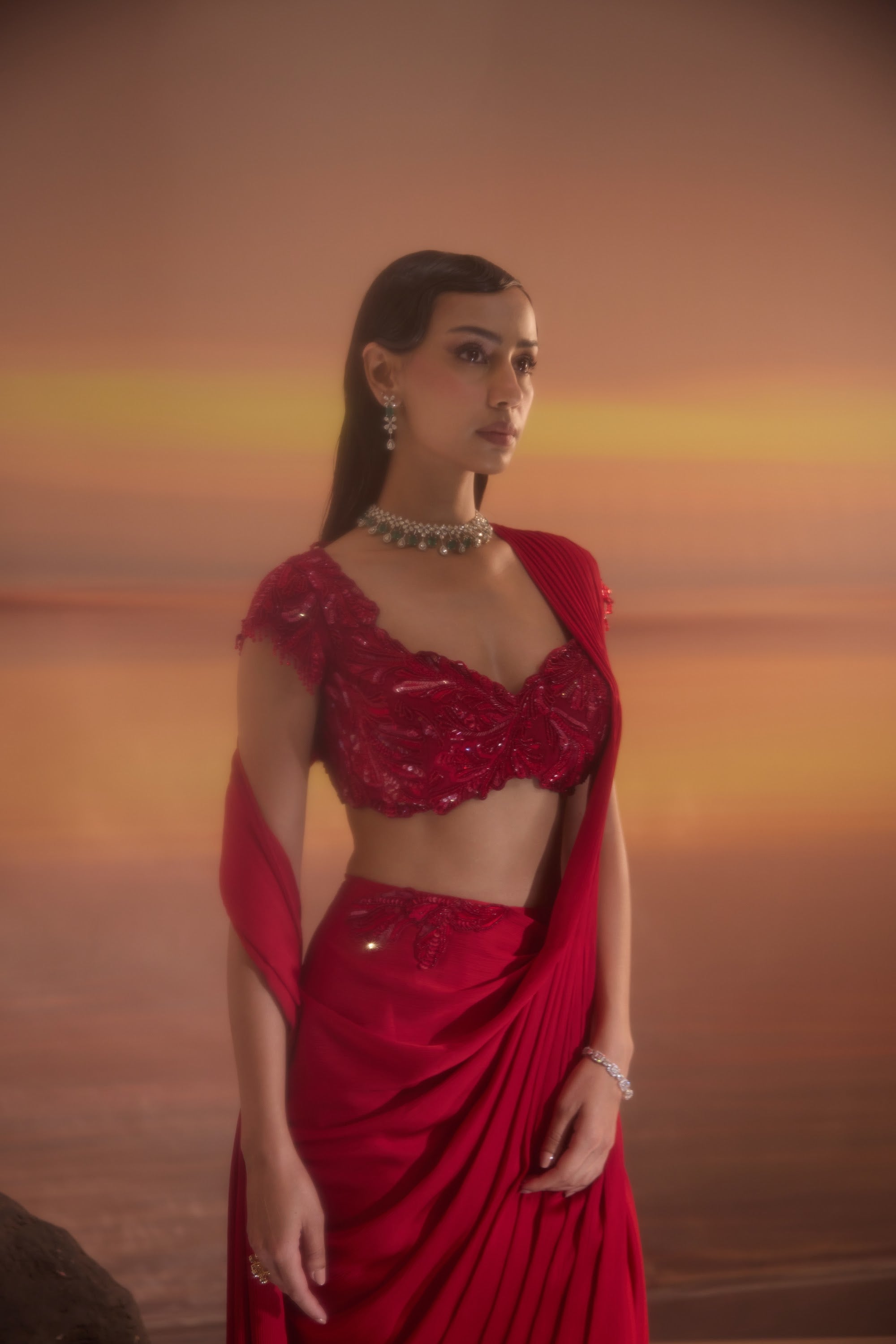 Crimson Pleated Drape Saree - view 16