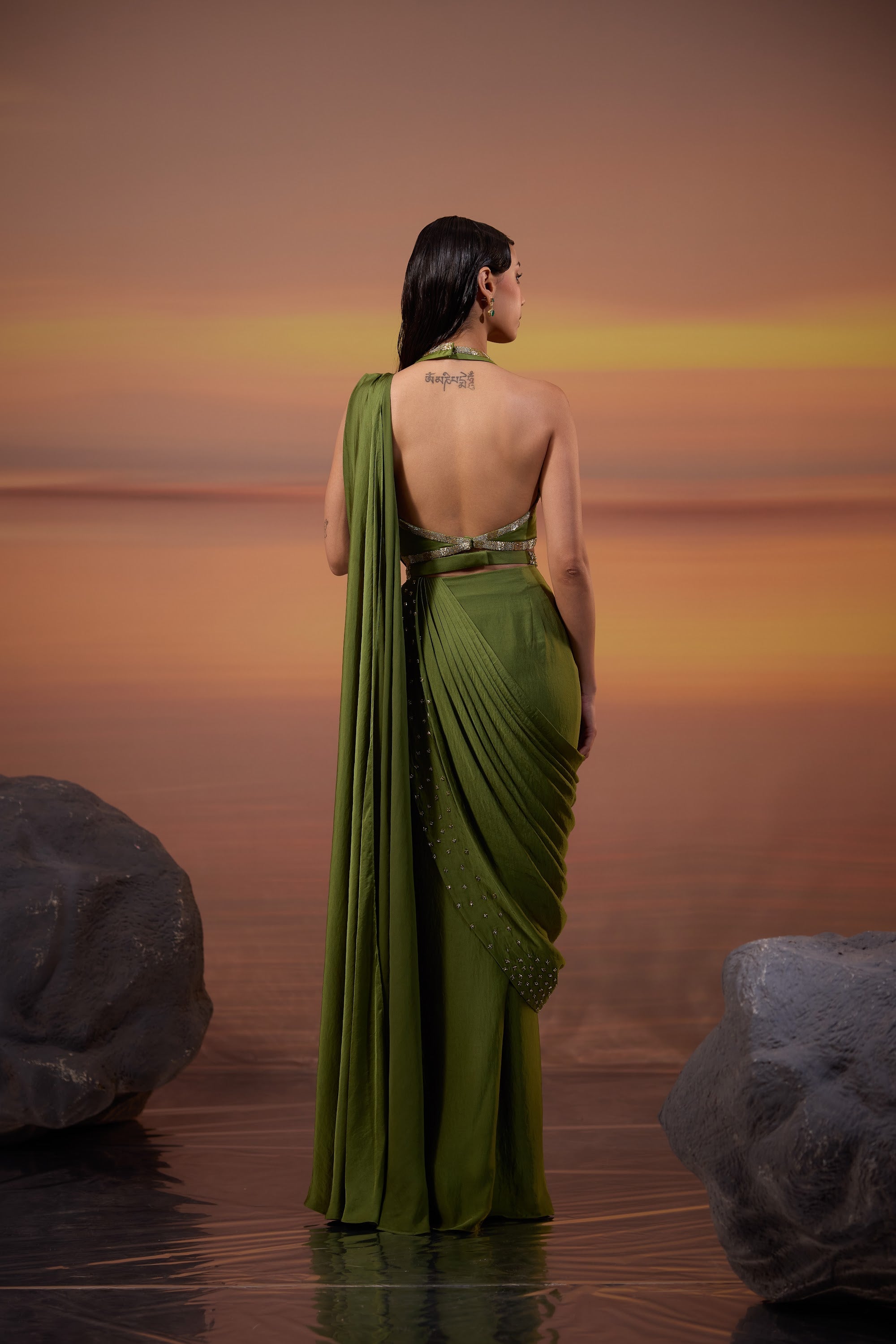 Olive Green Halter Neck Draped Saree Set - view 6