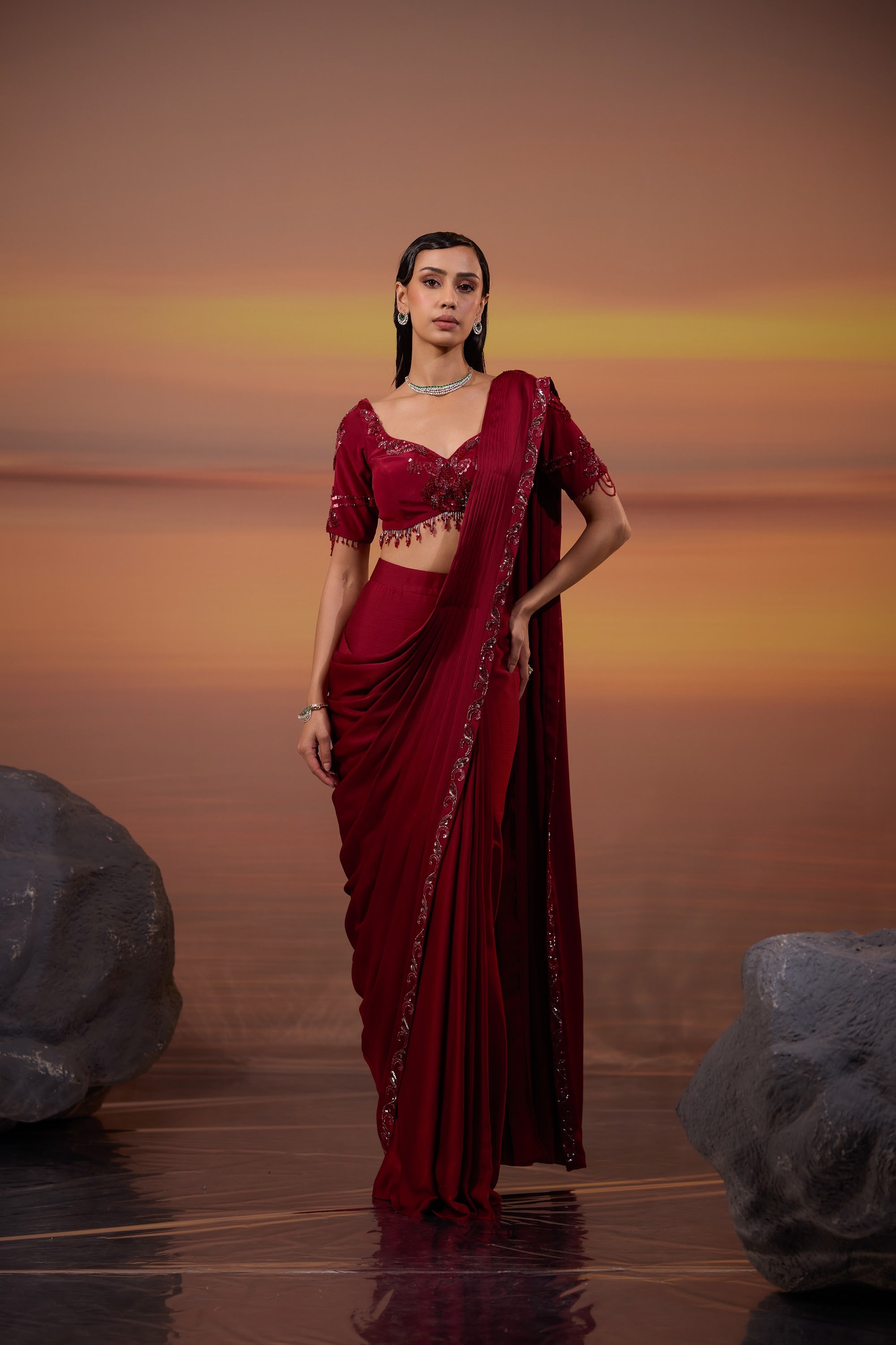 Dark Maroon Embroidered Drape Saree Set - main image