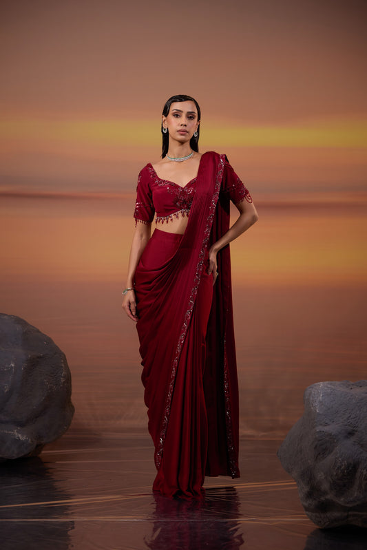 Dark Maroon Embroidered Drape Saree Set - main image