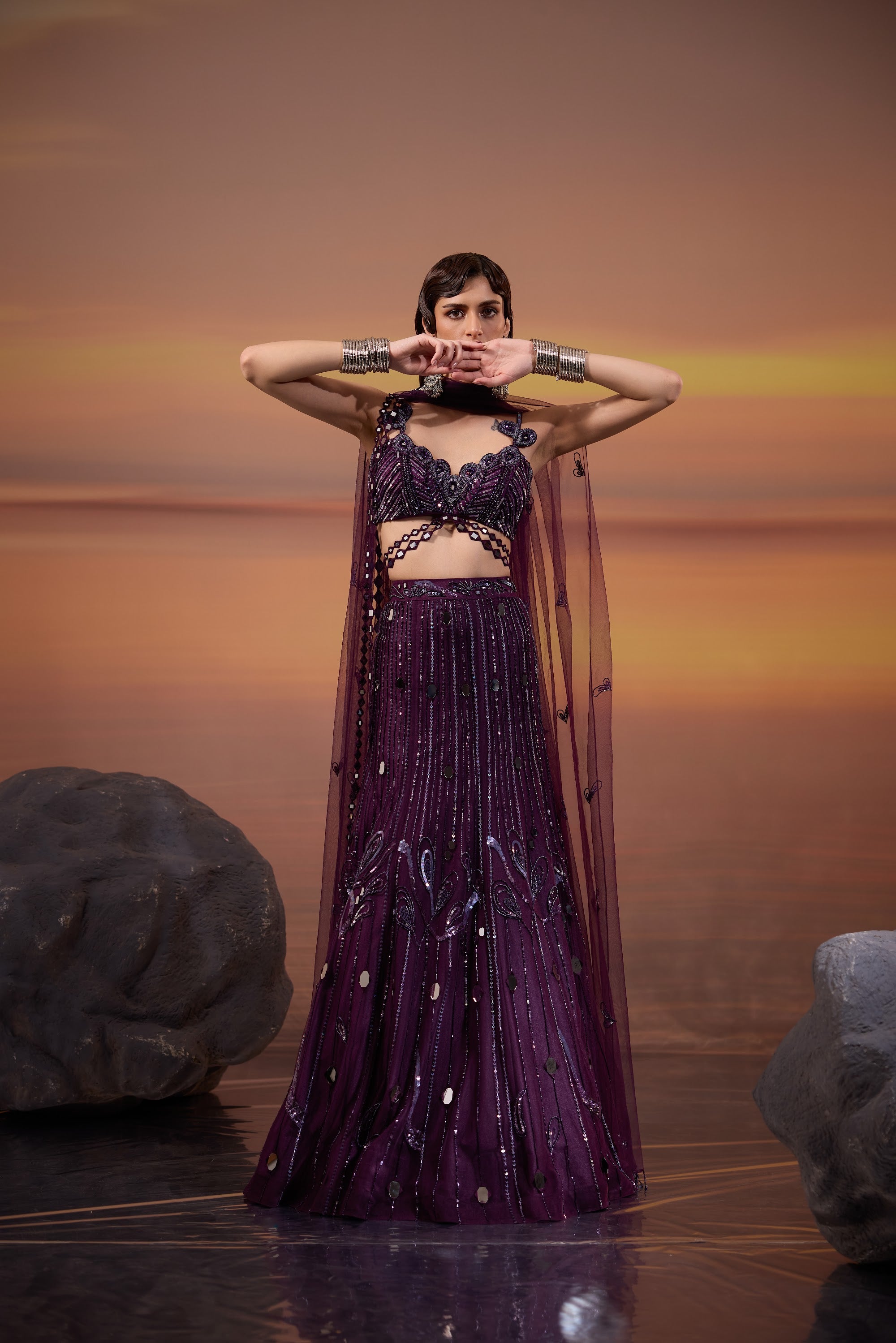 Dark Amethyst Embellished Lehenga Set - view 2