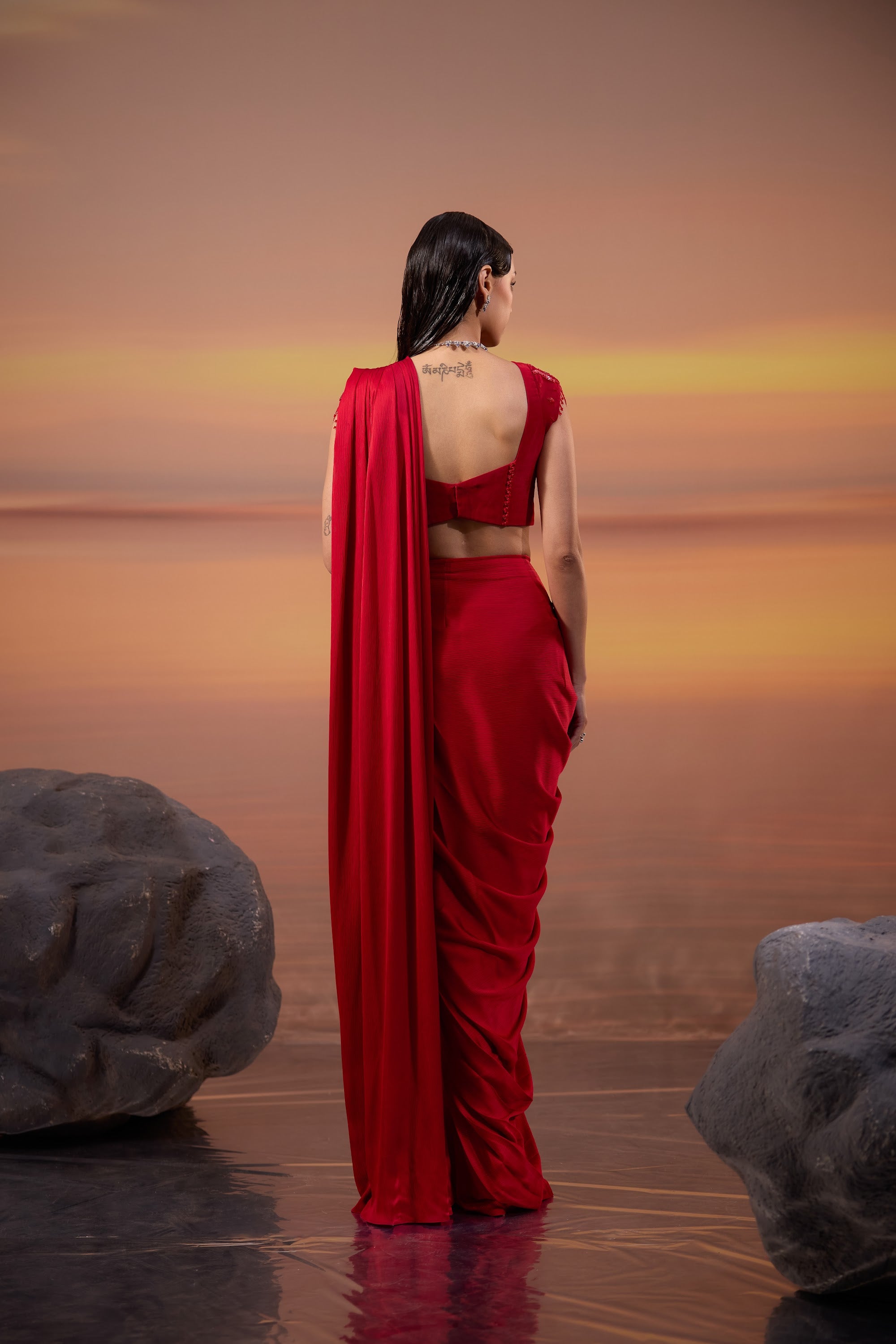 Red Embellished Drape Saree - view 4