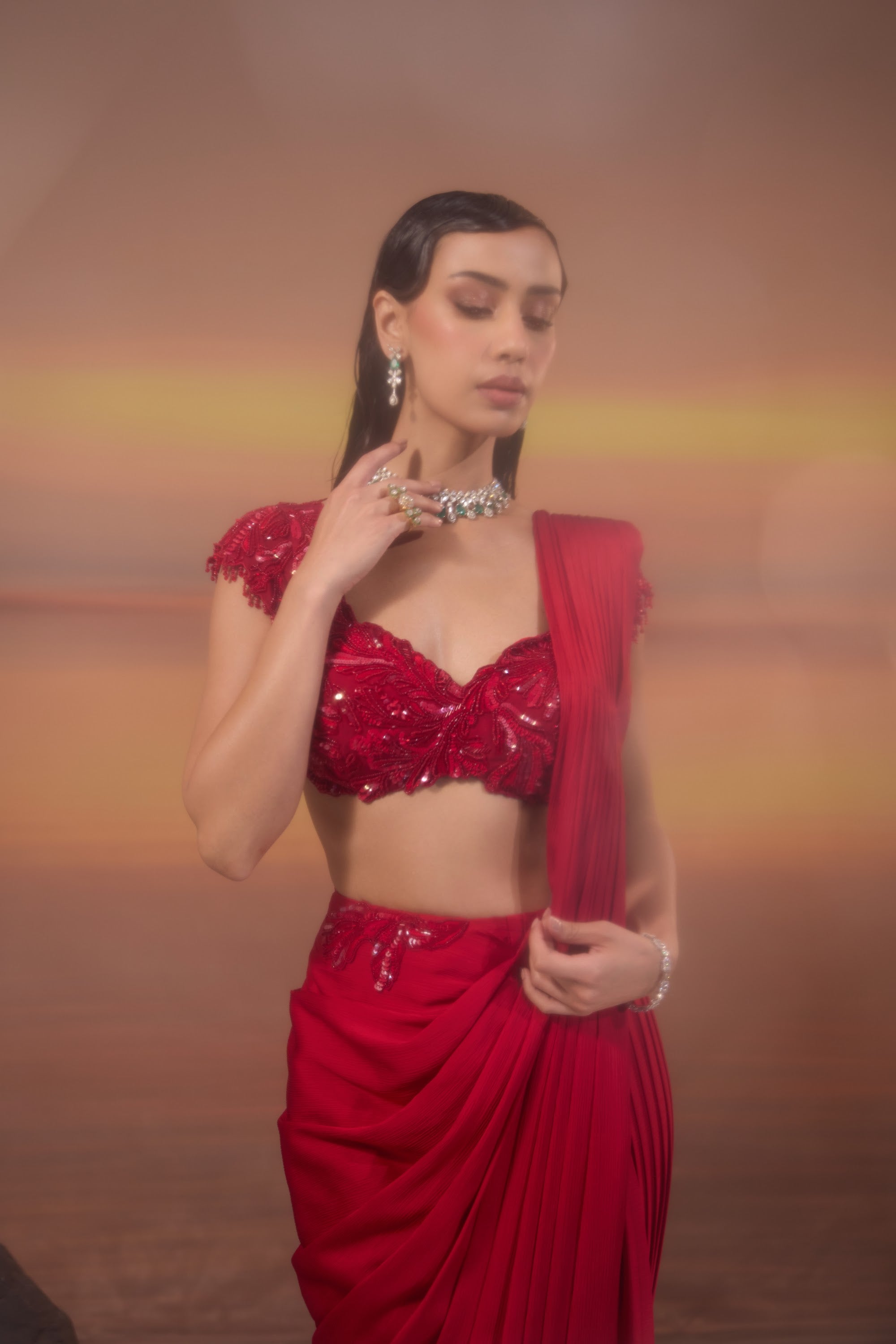 Crimson Pleated Drape Saree - view 7