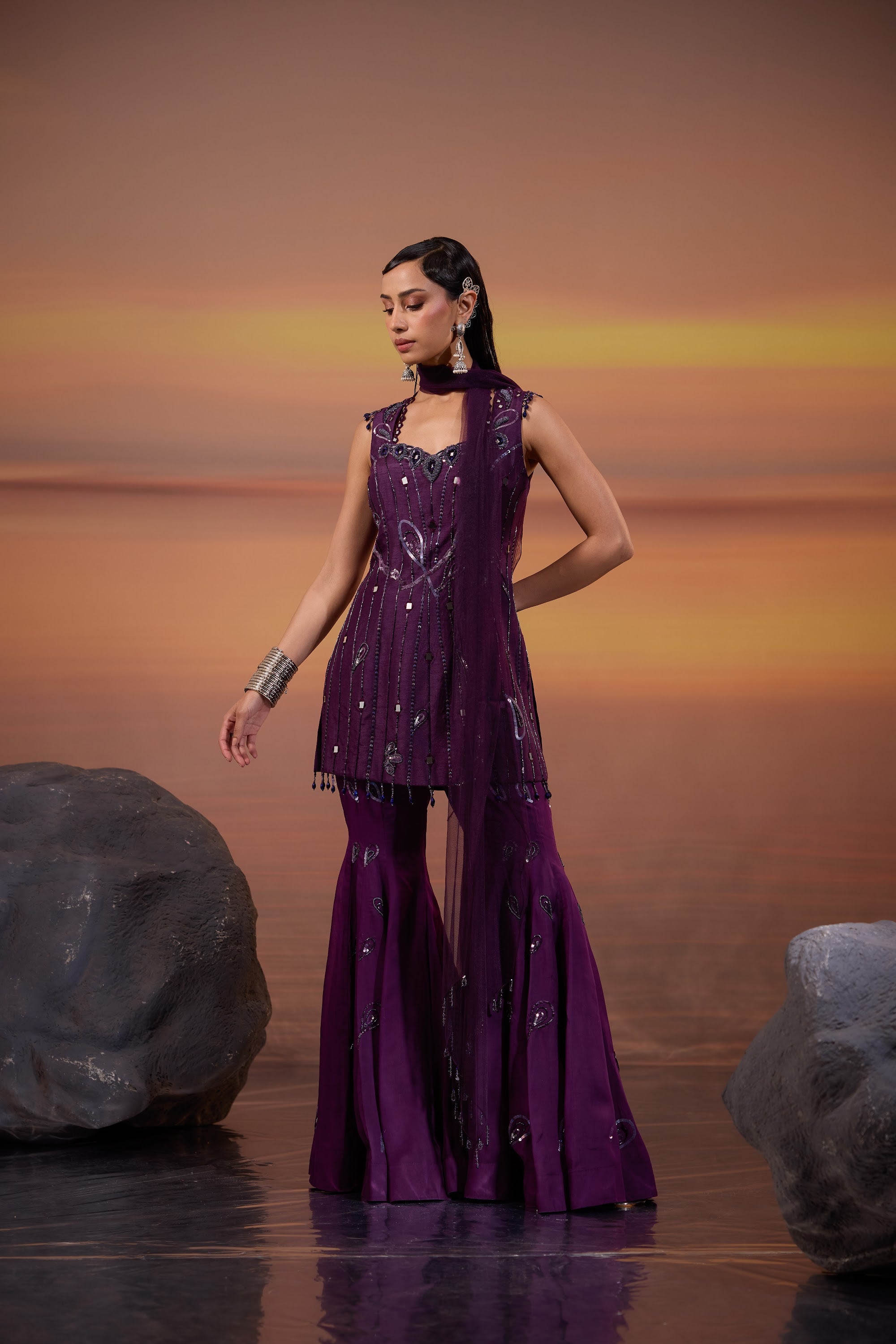 Dark Amethyst Embellished Sharara Set - view 3