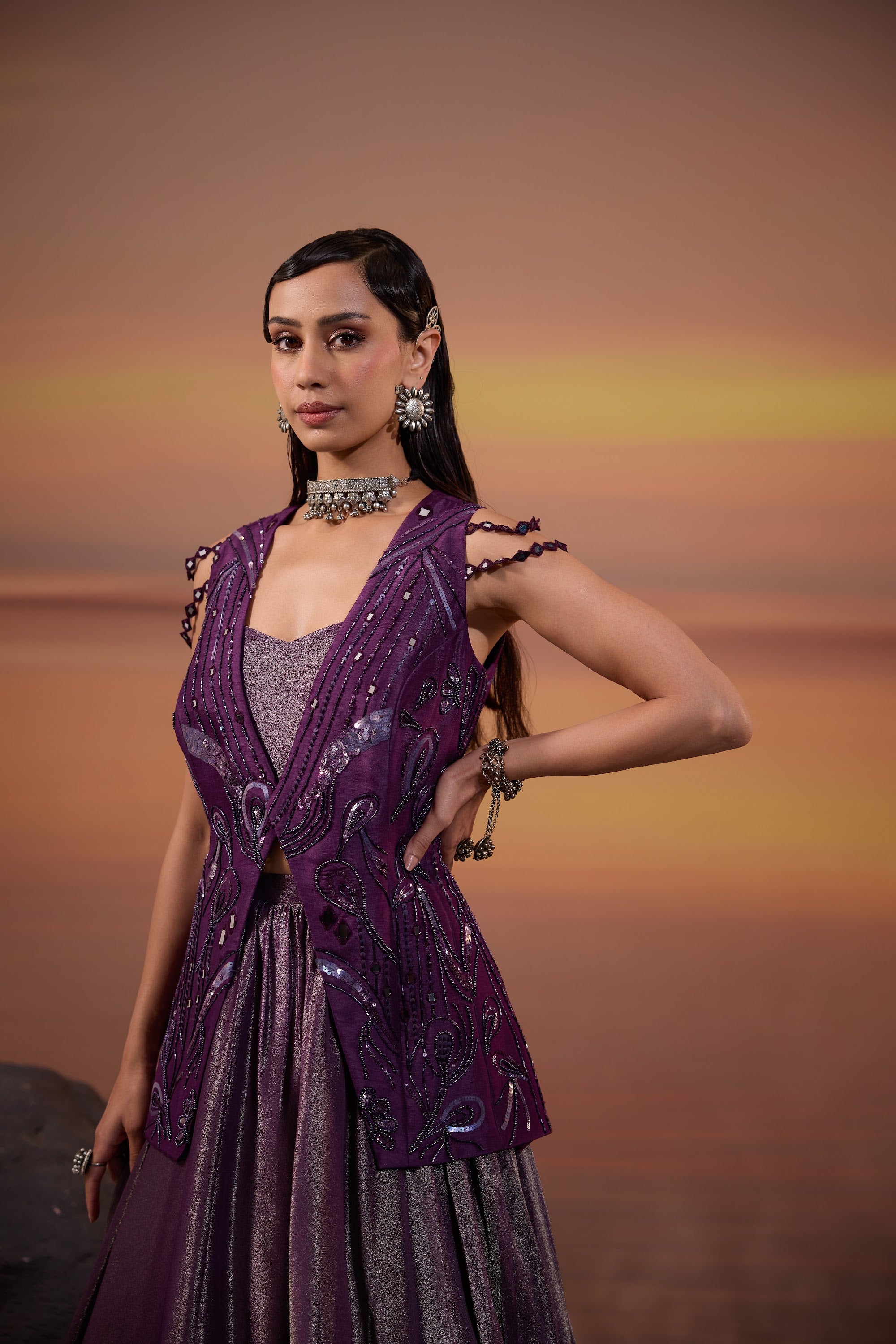 Dark Amethyst Embellished Jacket with Tissue Lehenga Set - view 3
