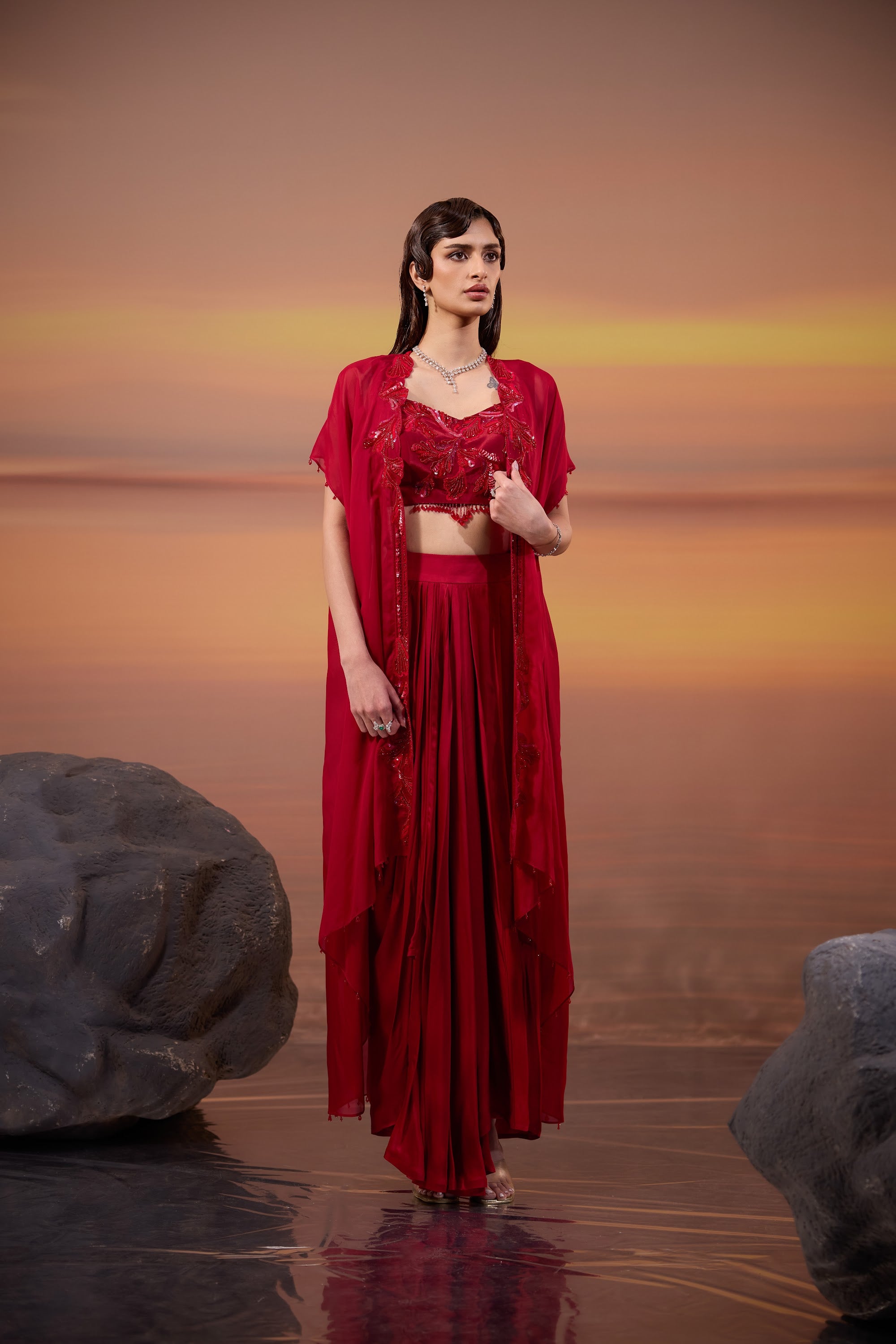 Crimson Embellished Cape Set - main image