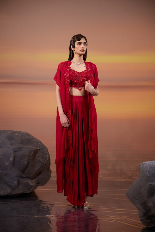 Crimson Embellished Cape Set - main image