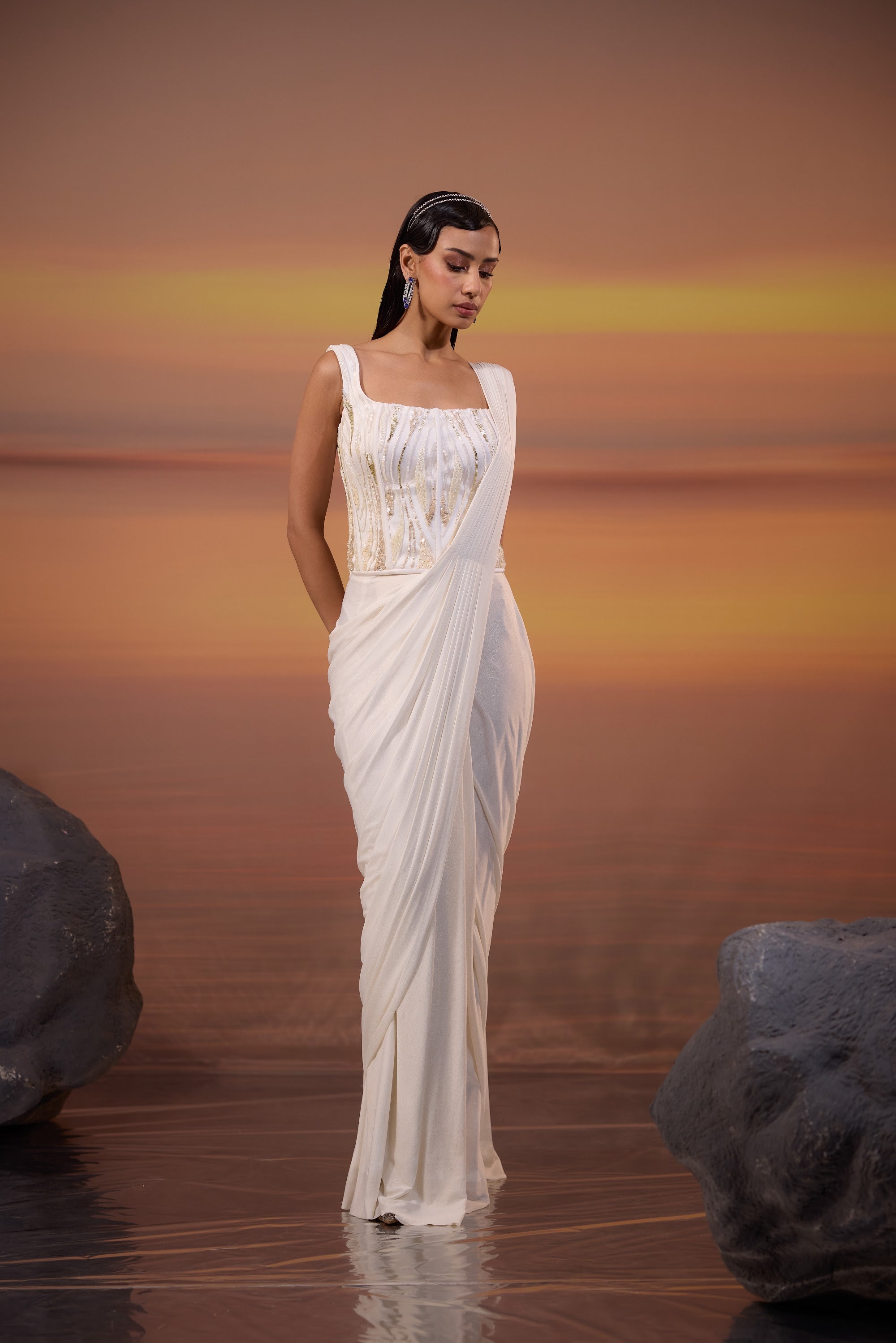 Ivory White Embroidered Drape Saree Set - view 2