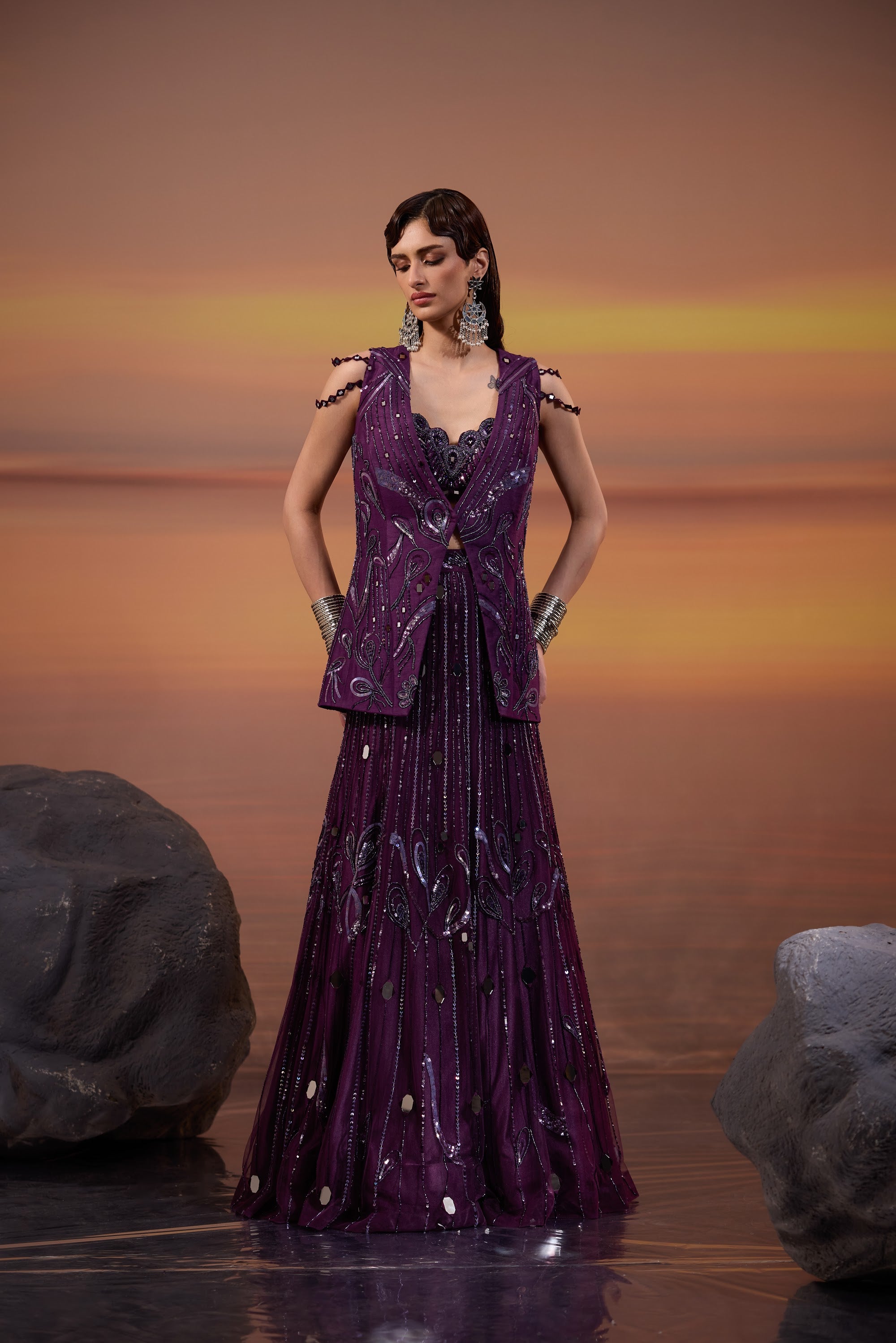 Dark Amethyst Embellished Jacket with Lehenga Set - view 4