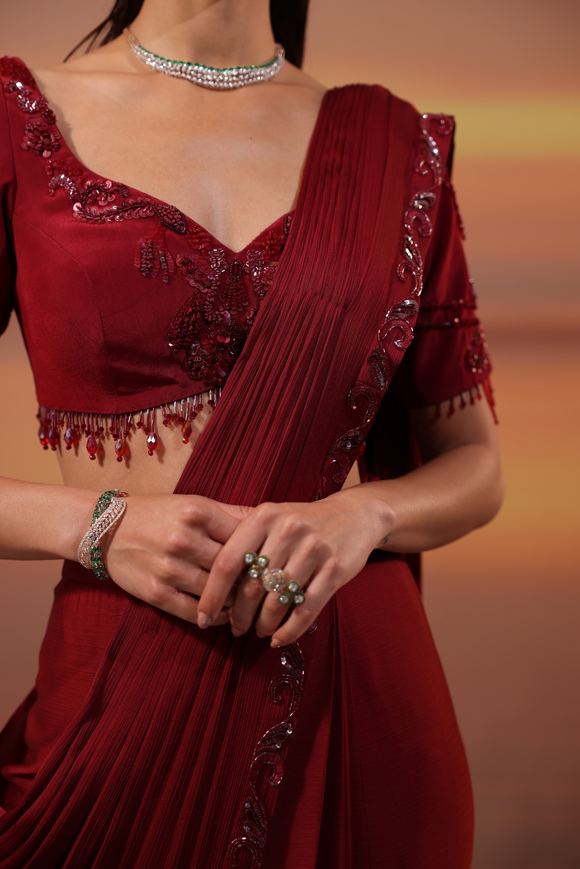 Dark Maroon Embroidered Drape Saree Set - view 6