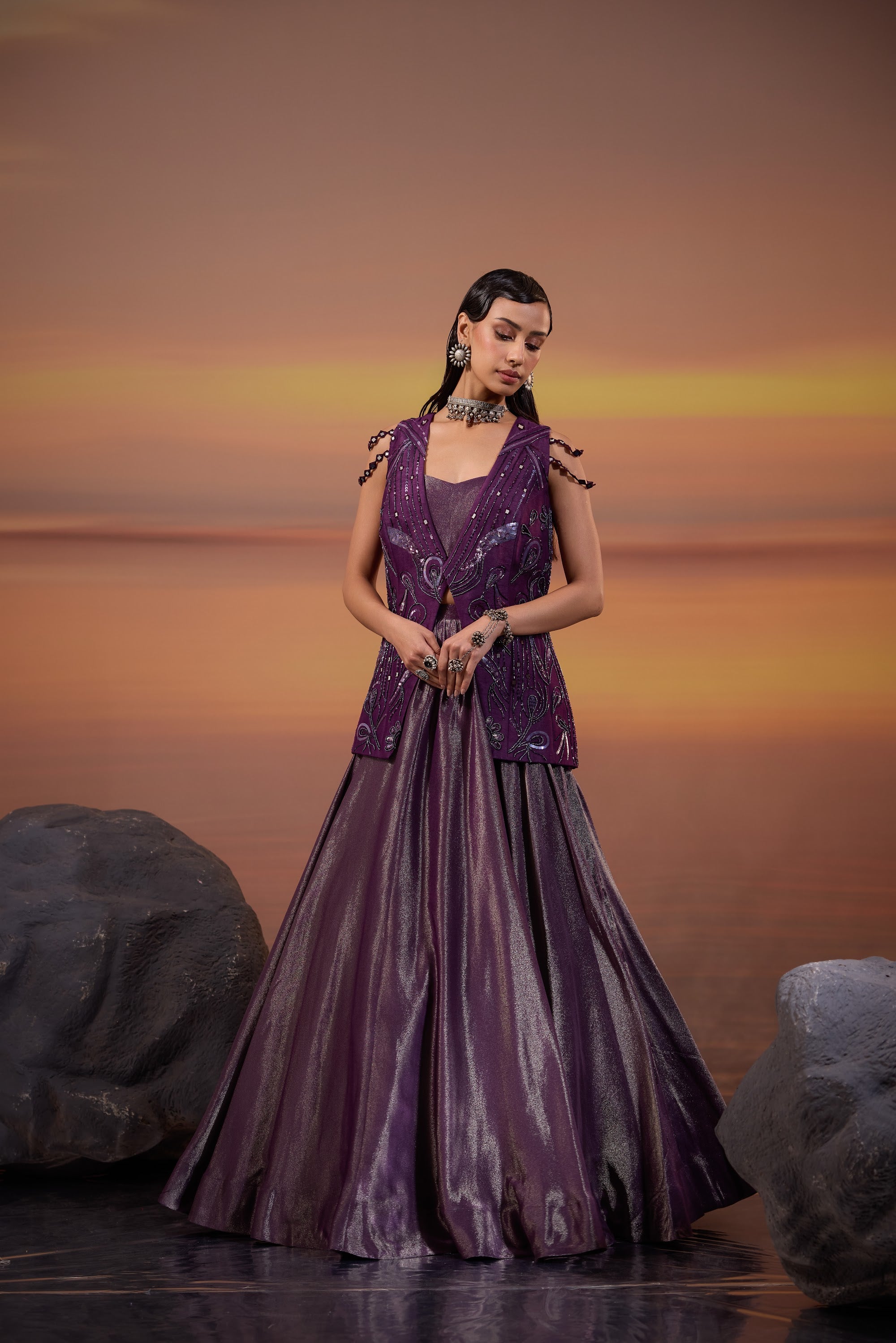 Dark Amethyst Embellished Jacket with Tissue Lehenga Set - view 2