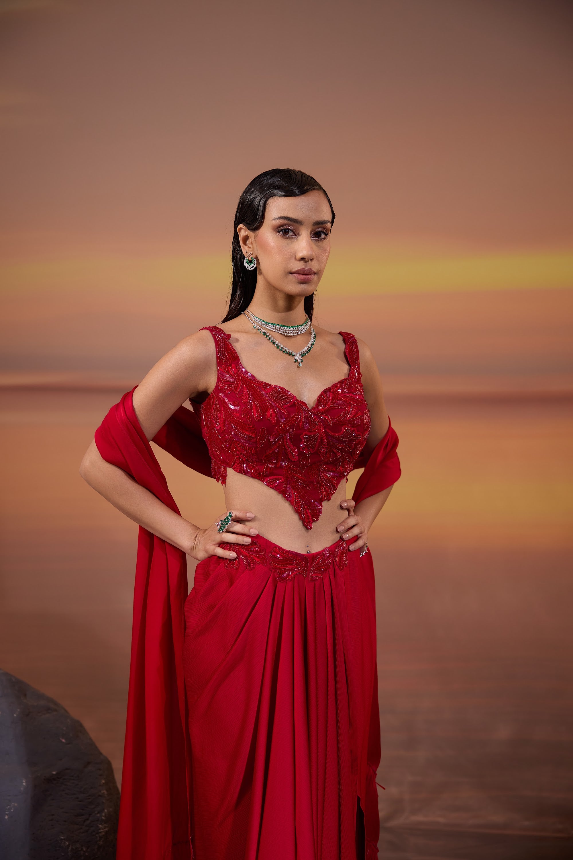Crimson Pleated Drape Skirt - view 3