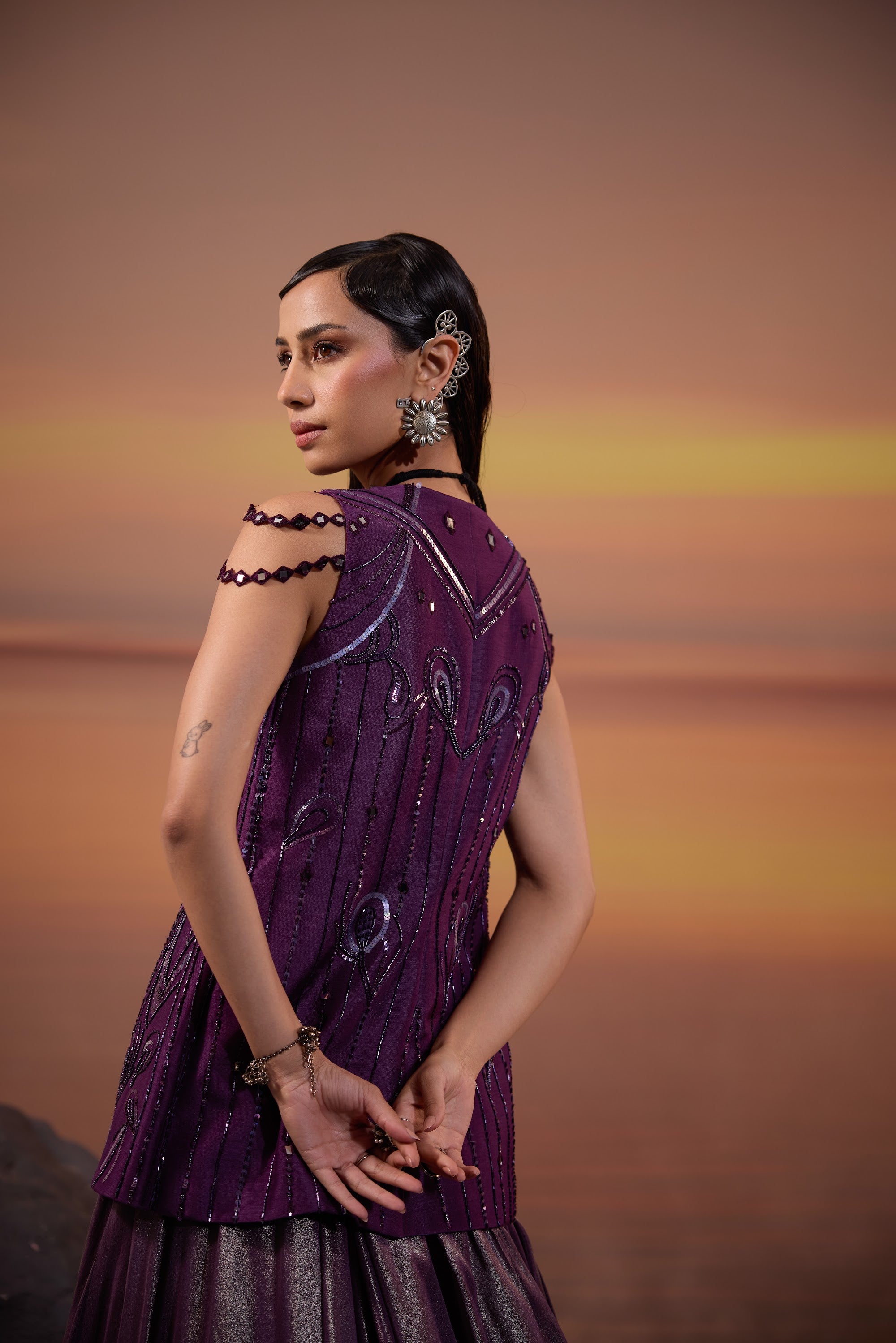Dark Amethyst Embellished Jacket with Tissue Lehenga Set - view 7