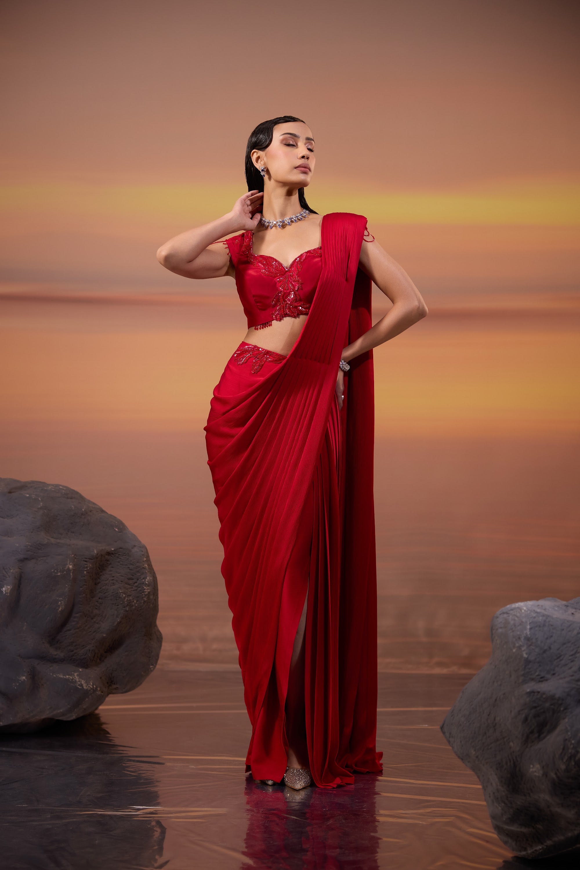 Red Embellished Drape Saree - view 2