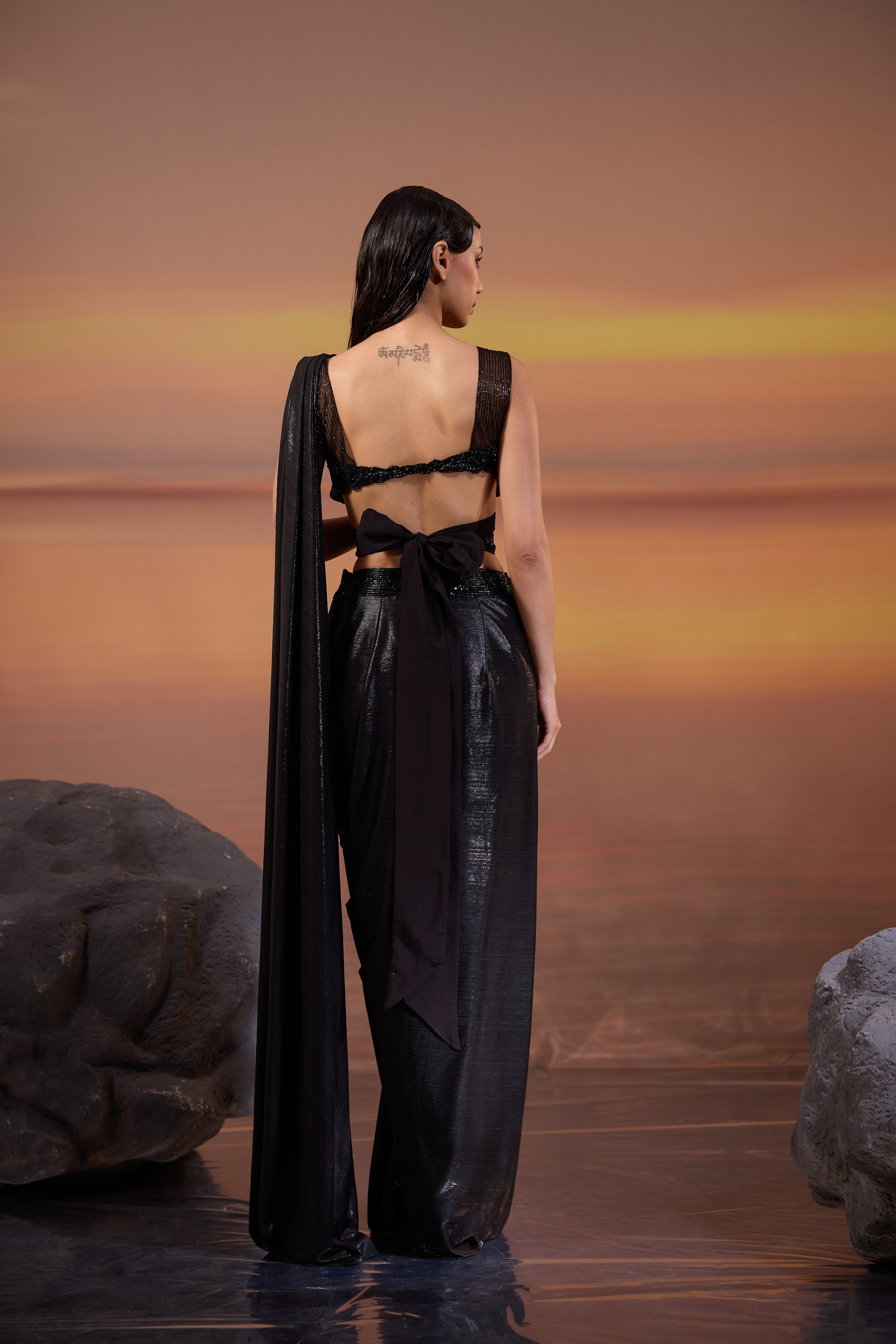 Black Embellished Strappy Blouse with Saree Set - view 6
