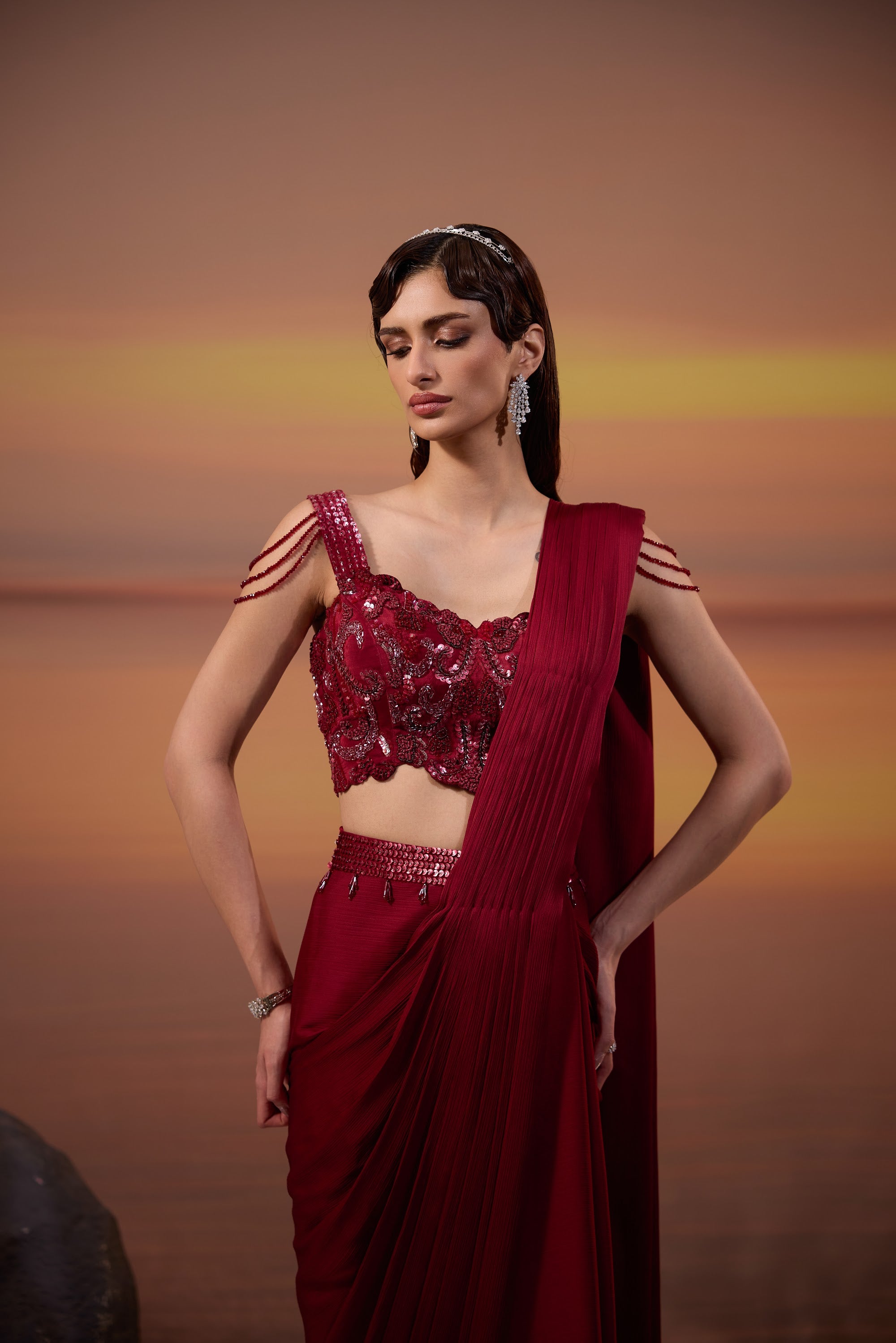 Dark Maroon Embellished Drape Saree Set - view 2