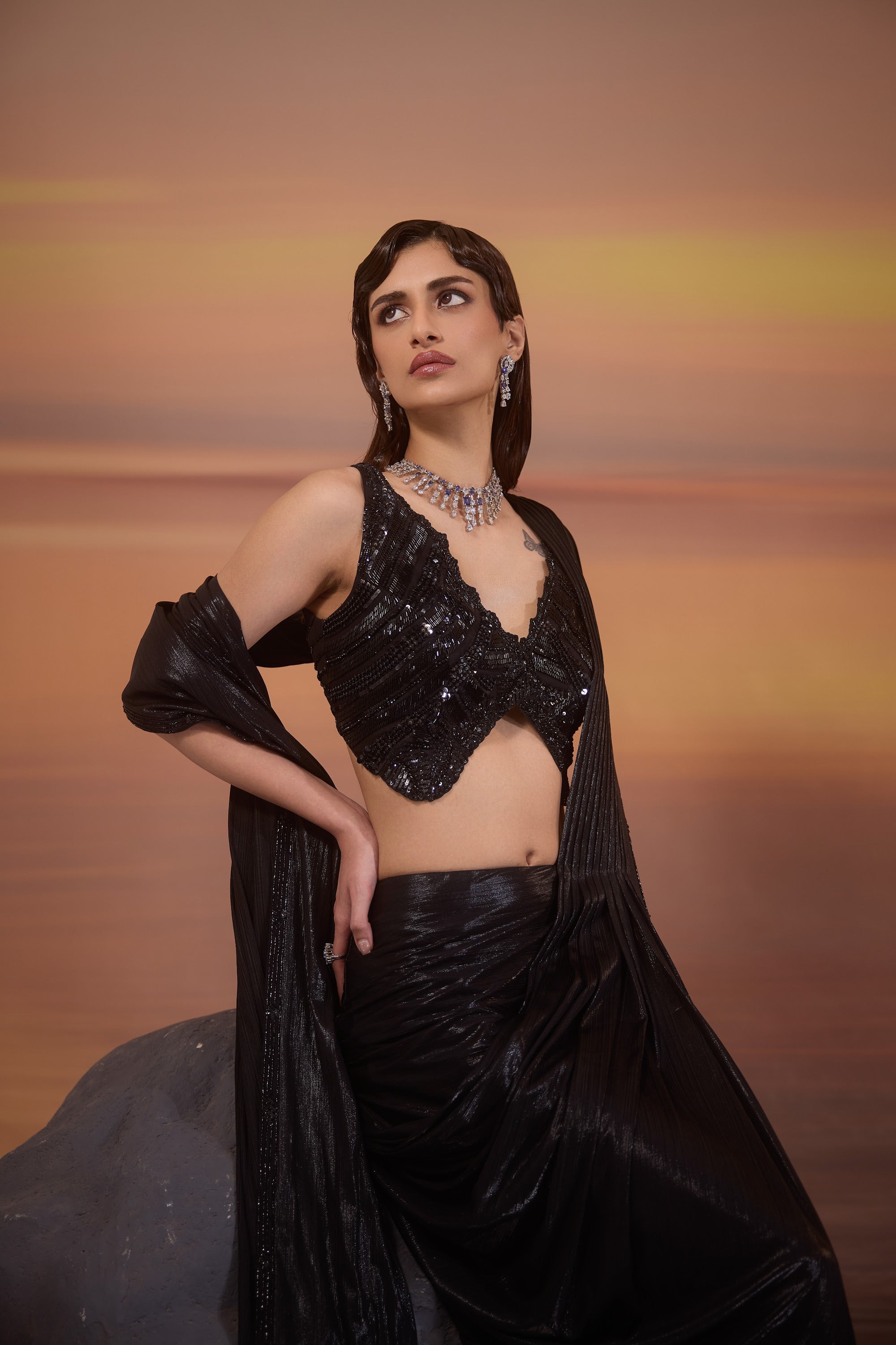 Black Drape Saree with Embellished Blouse - view 5