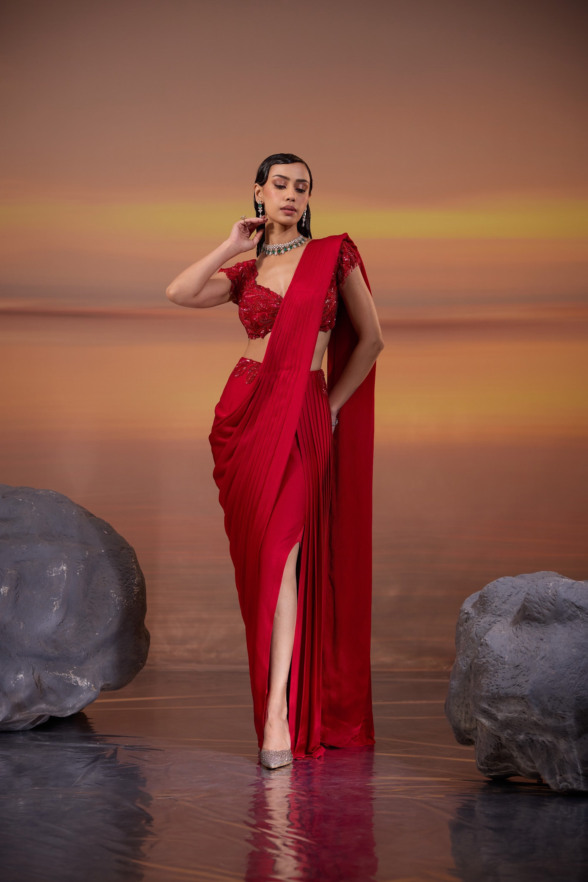Crimson Pleated Drape Saree - view 3