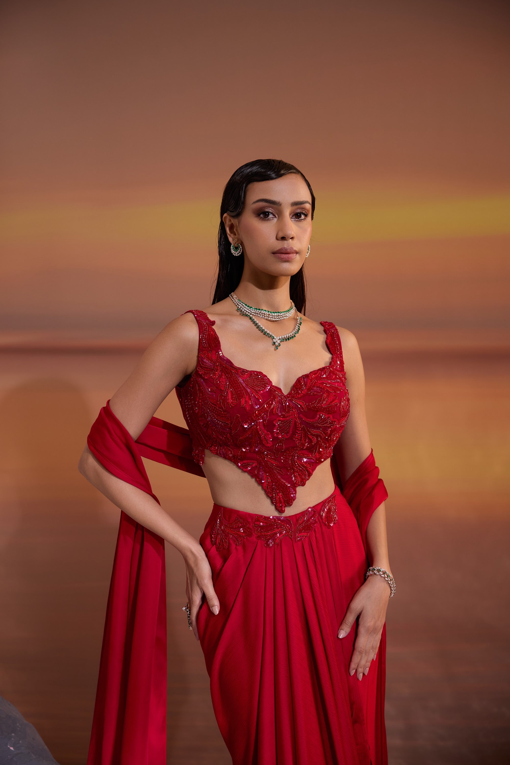 Crimson Pleated Drape Skirt - view 6
