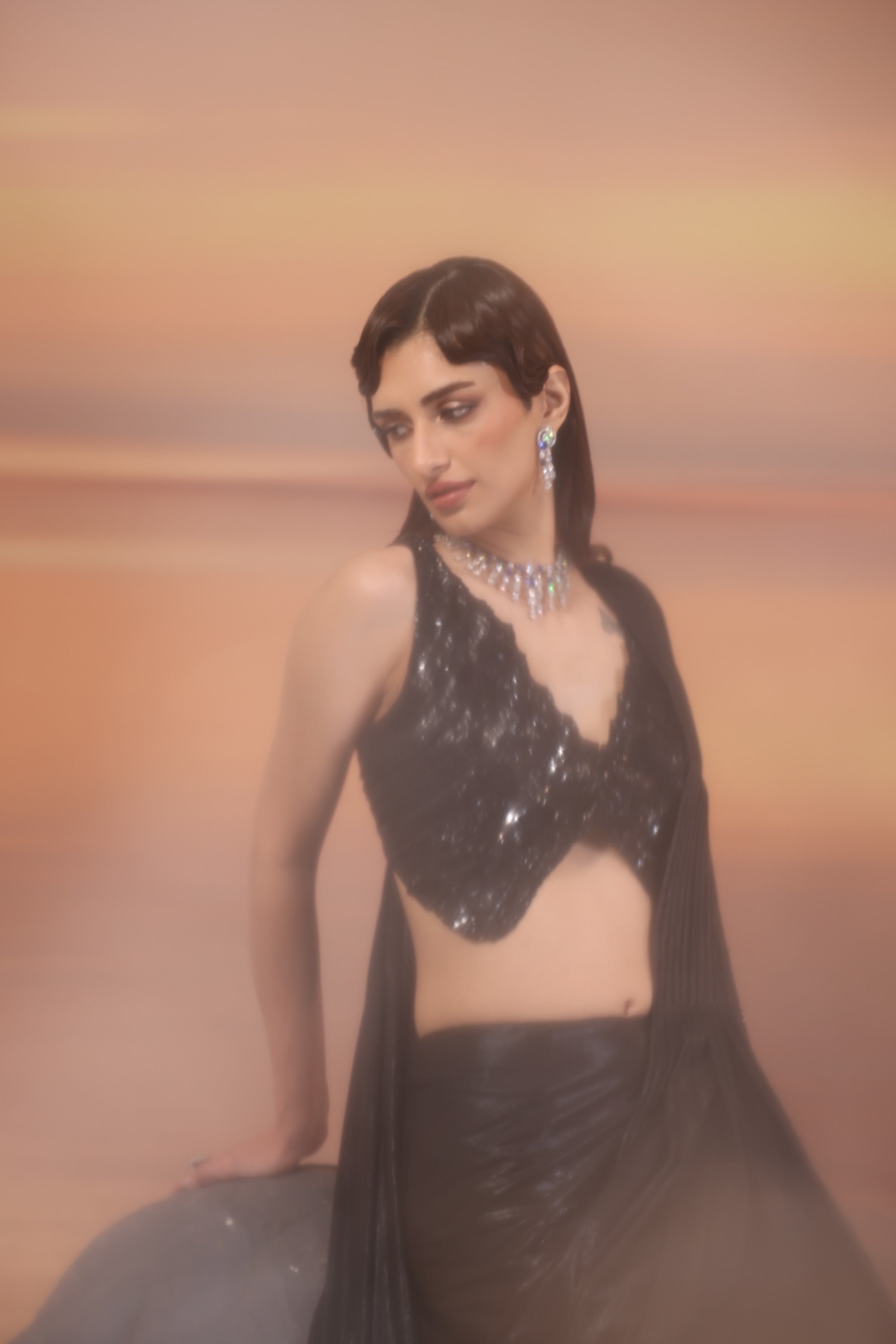 Black Drape Saree with Embellished Blouse - view 6