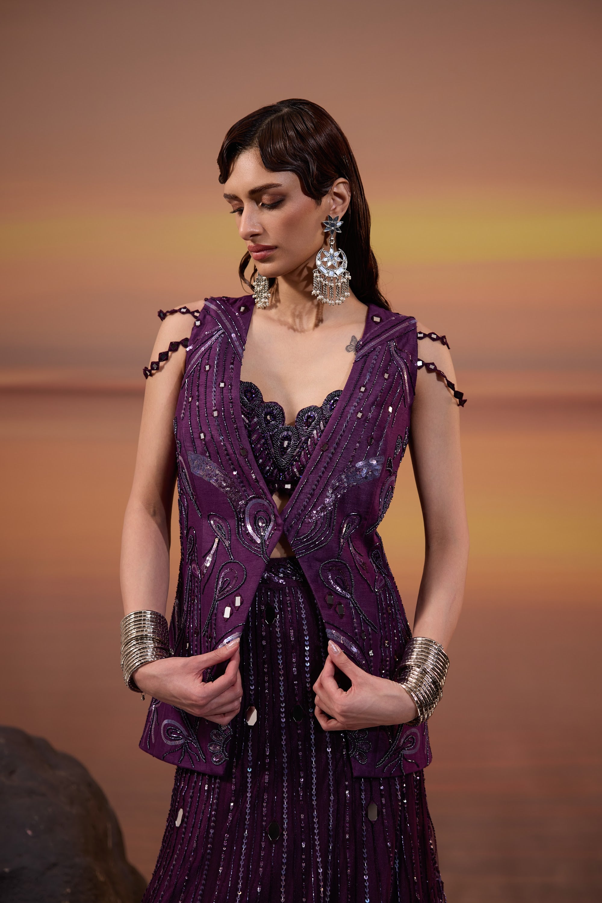 Dark Amethyst Embellished Jacket with Lehenga Set - view 5