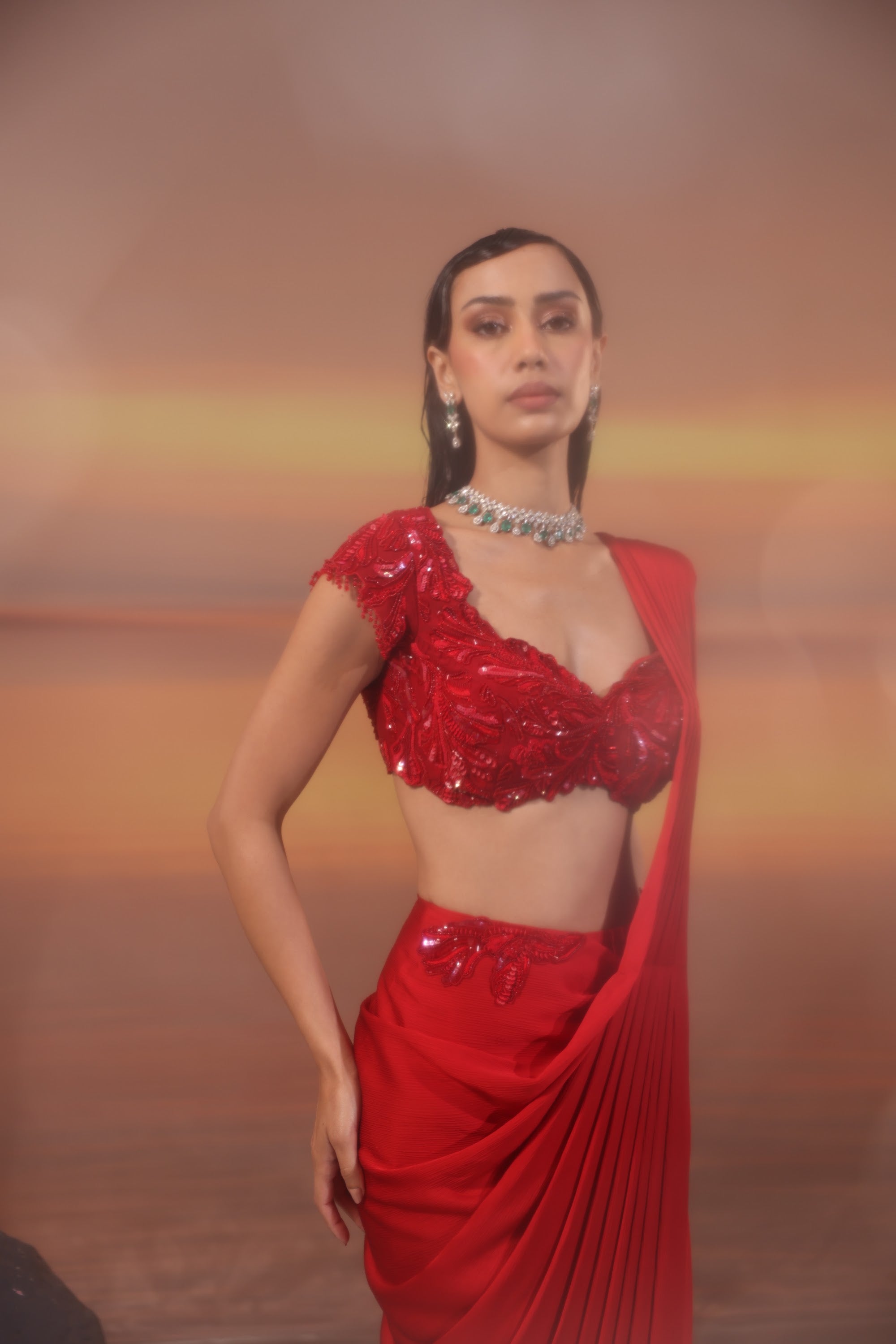 Crimson Pleated Drape Saree - view 9