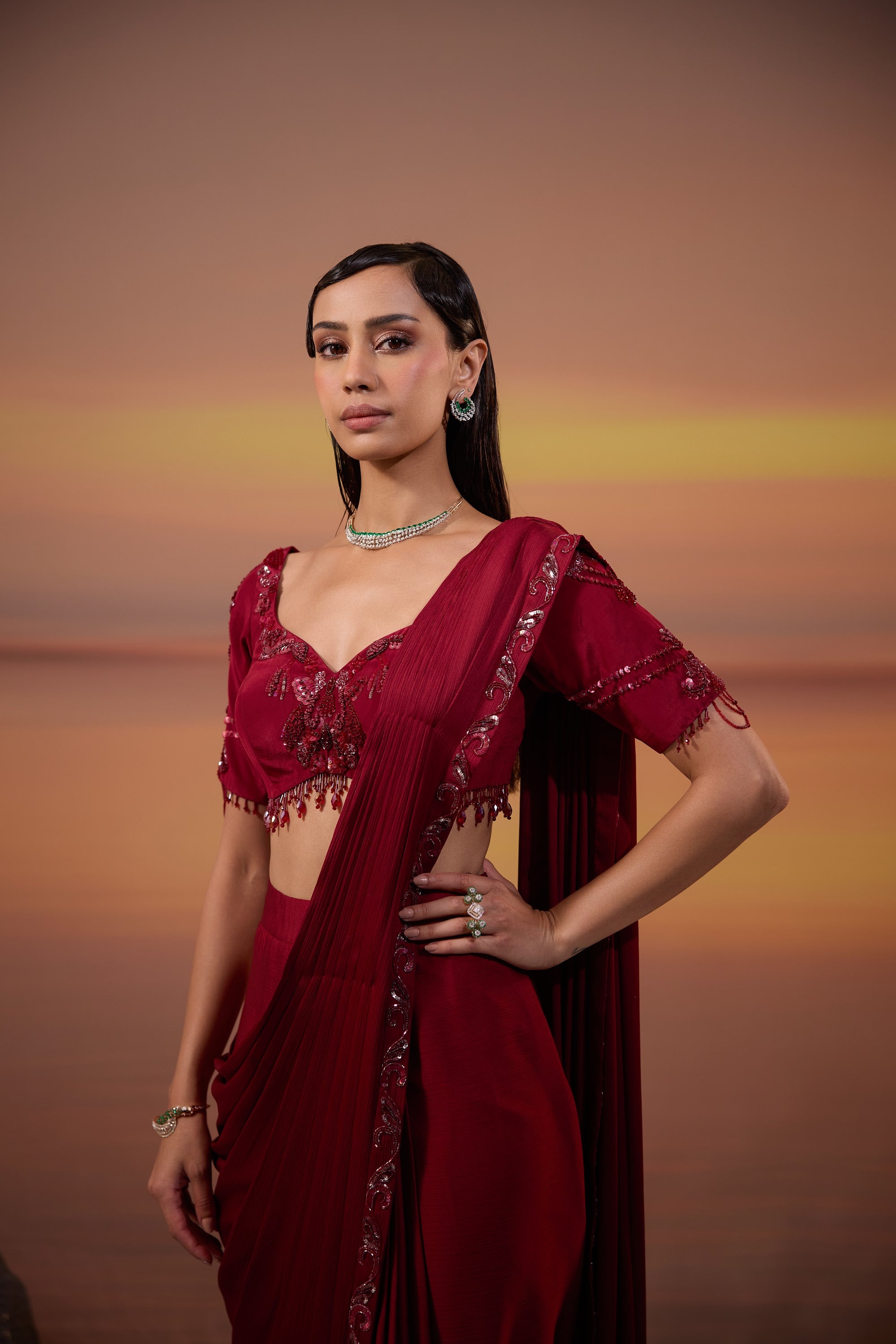 Dark Maroon Embroidered Drape Saree Set - view 4