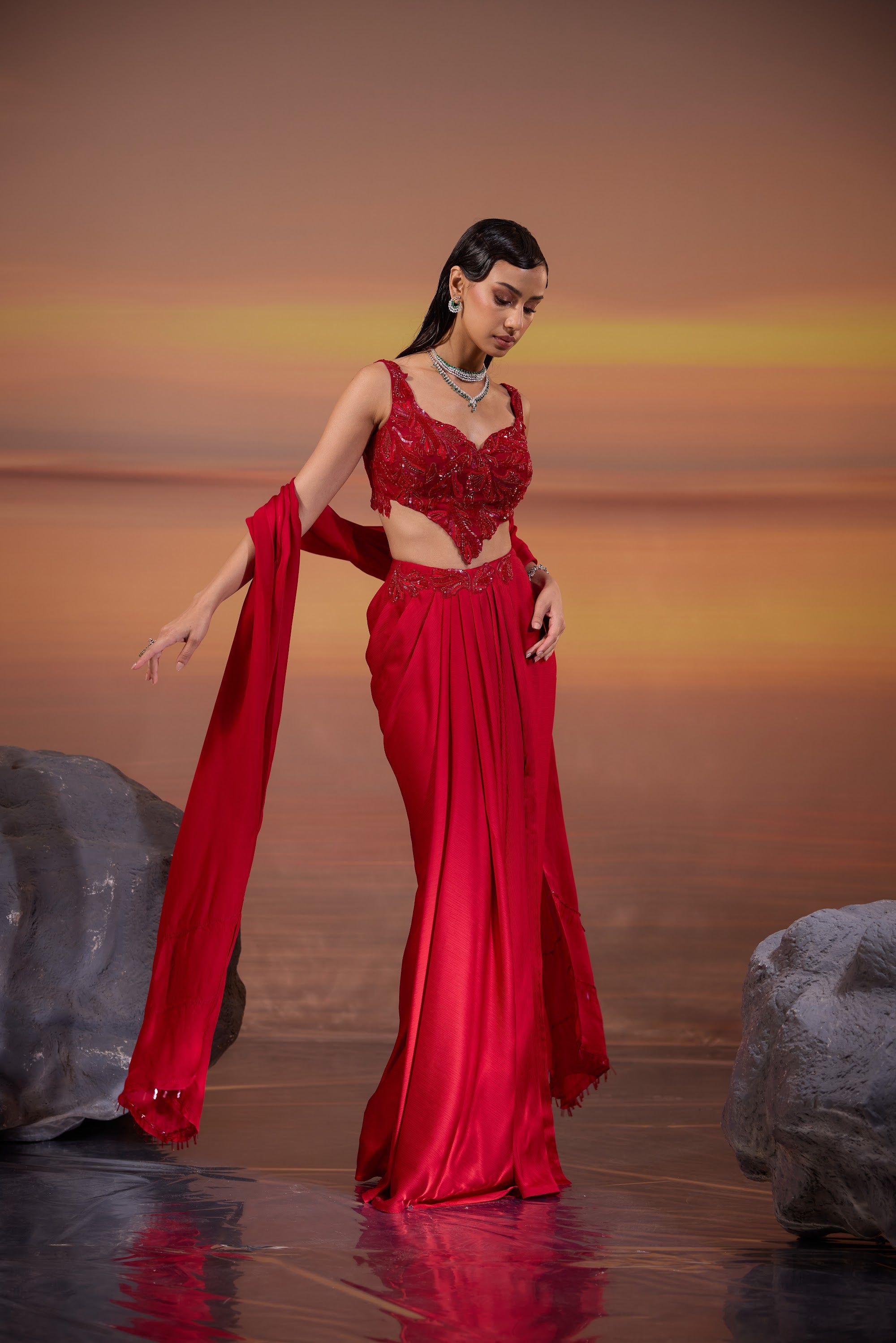 Crimson Pleated Drape Skirt - view 2