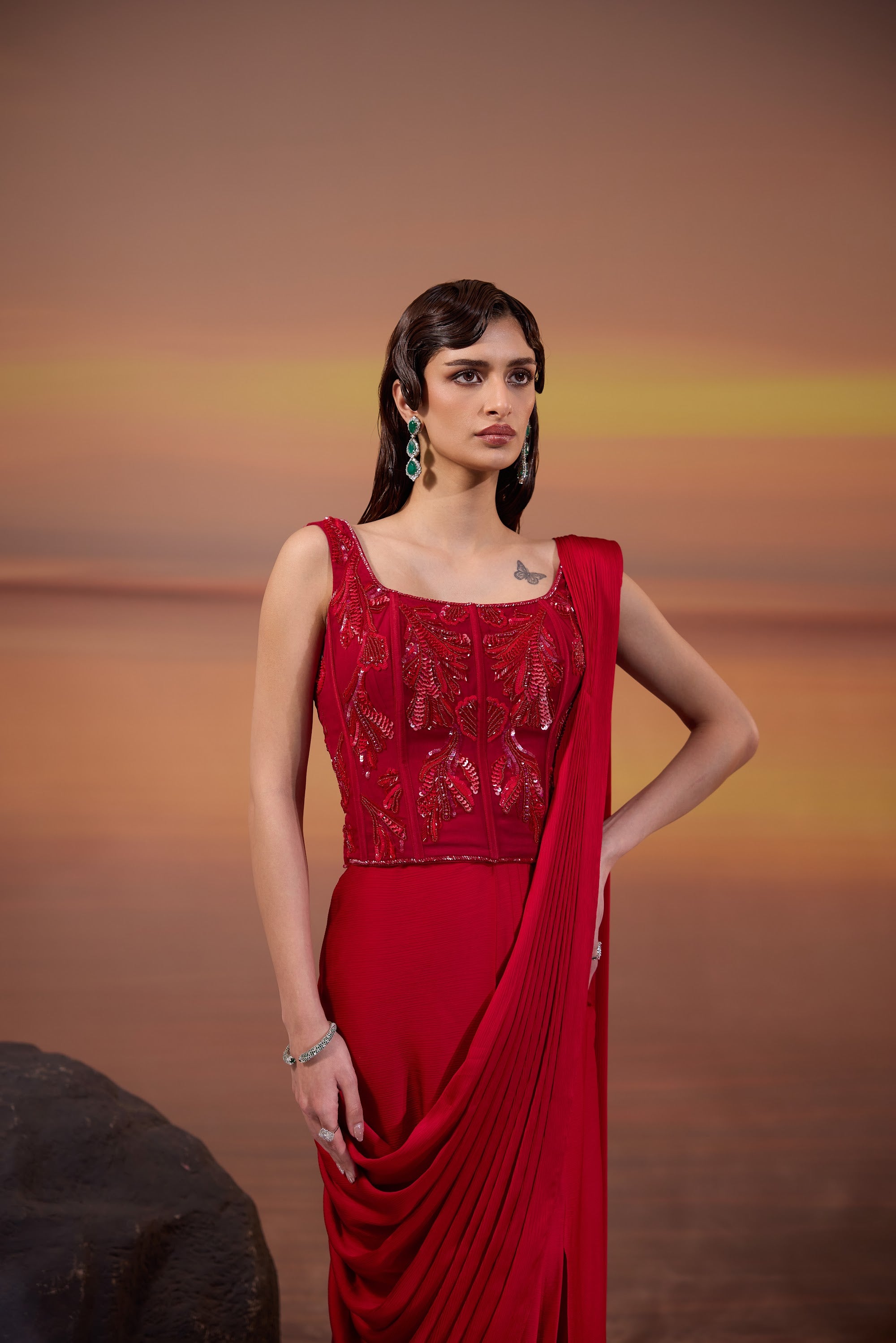 Crimson Corset Style Drape Saree - view 3