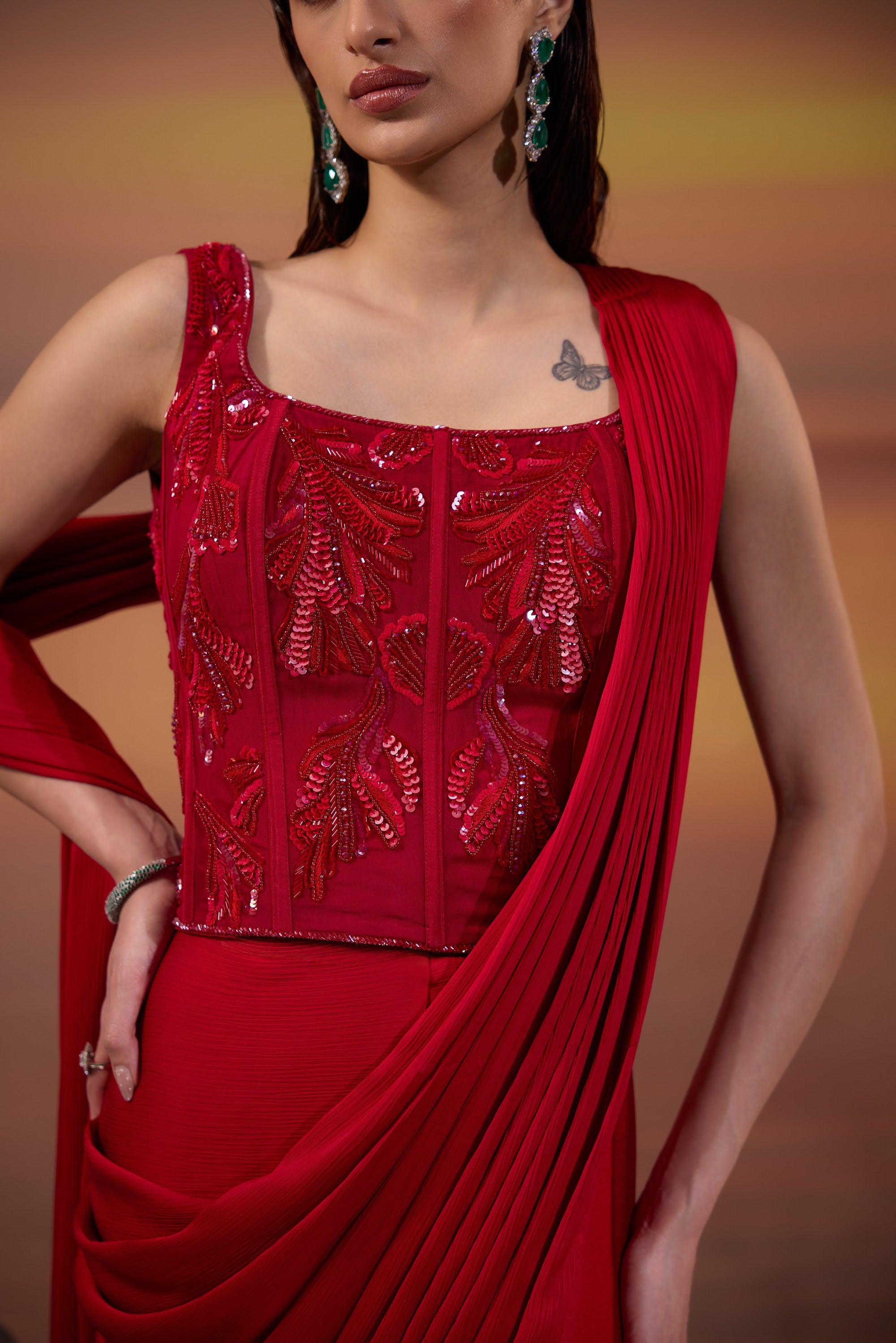 Crimson Corset Style Drape Saree - view 5