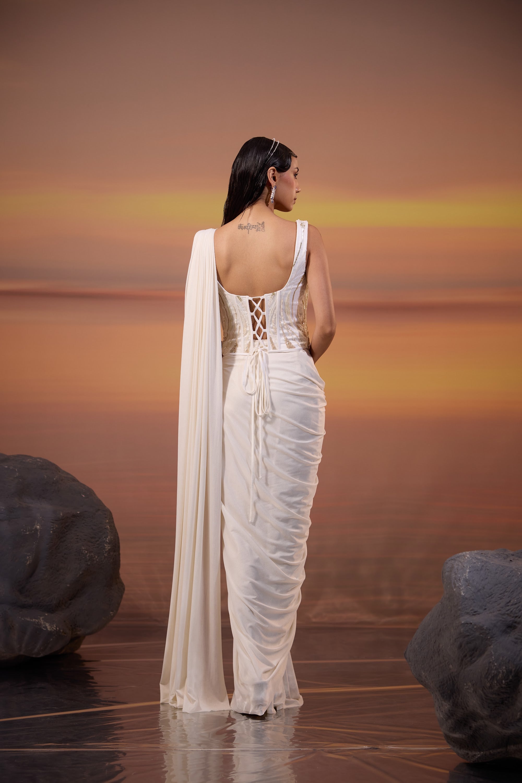 Ivory White Embroidered Drape Saree Set - view 5
