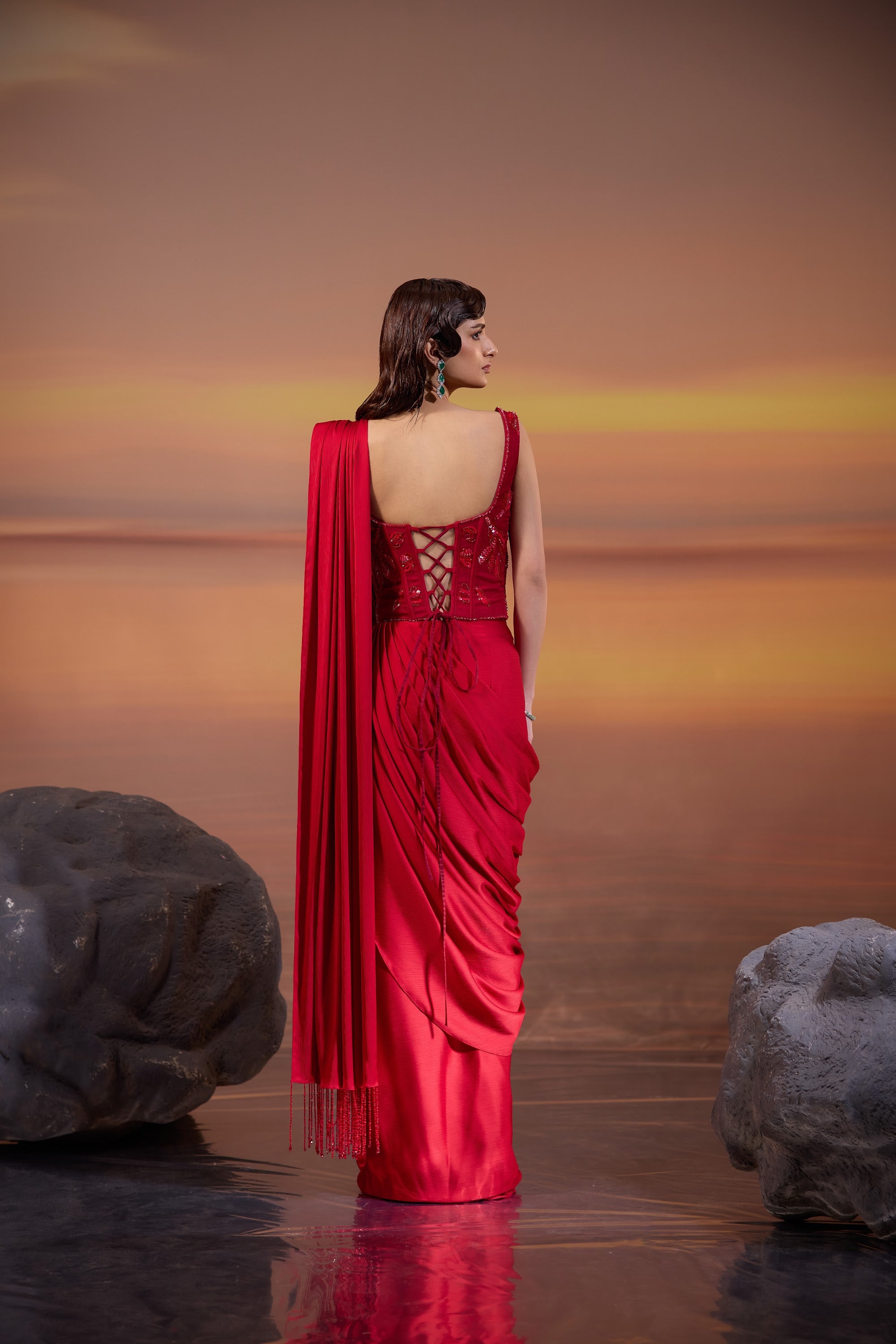 Crimson Corset Style Drape Saree - view 2