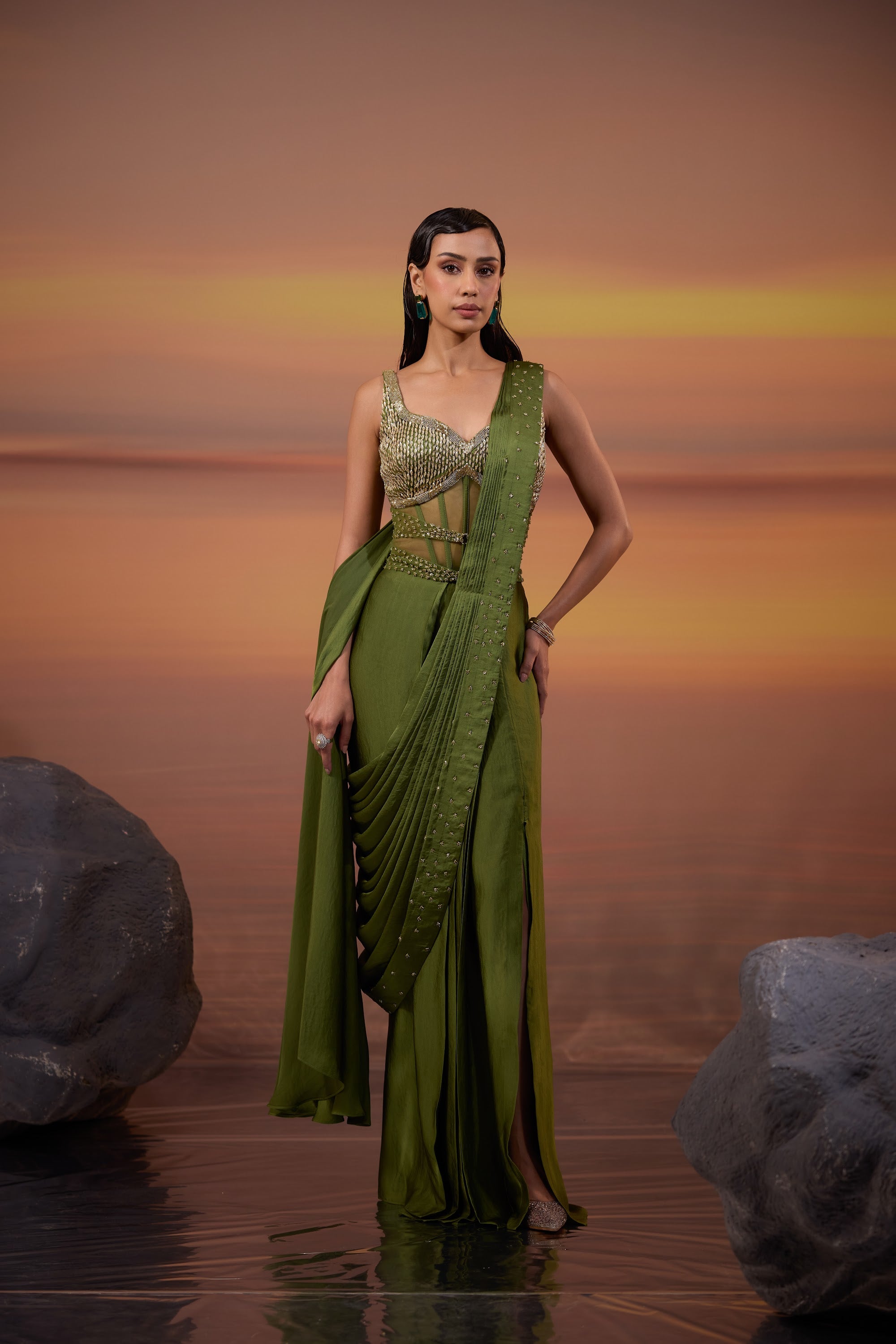 Olive Green Corset Draped Saree Set - main image