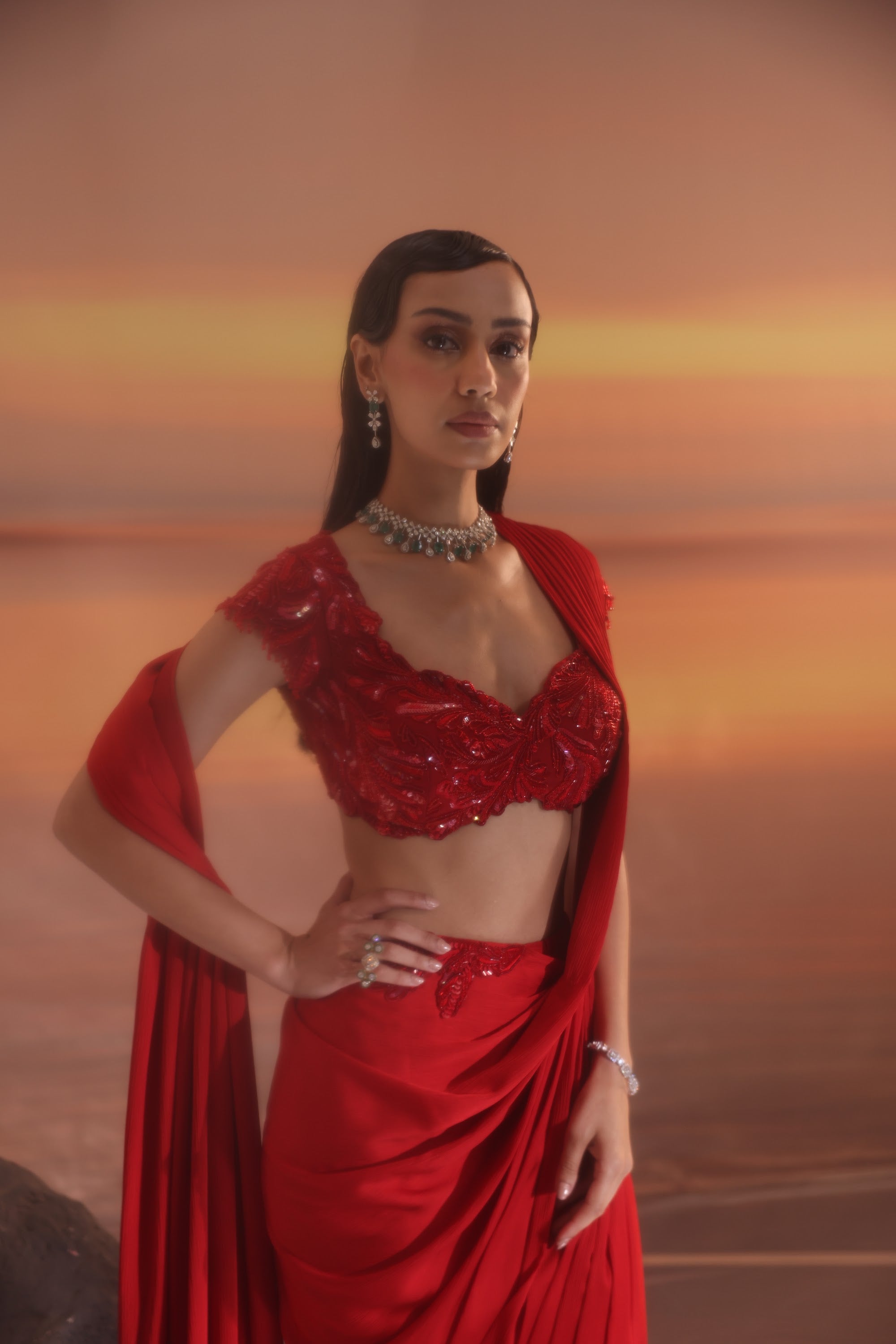 Crimson Pleated Drape Saree - view 17