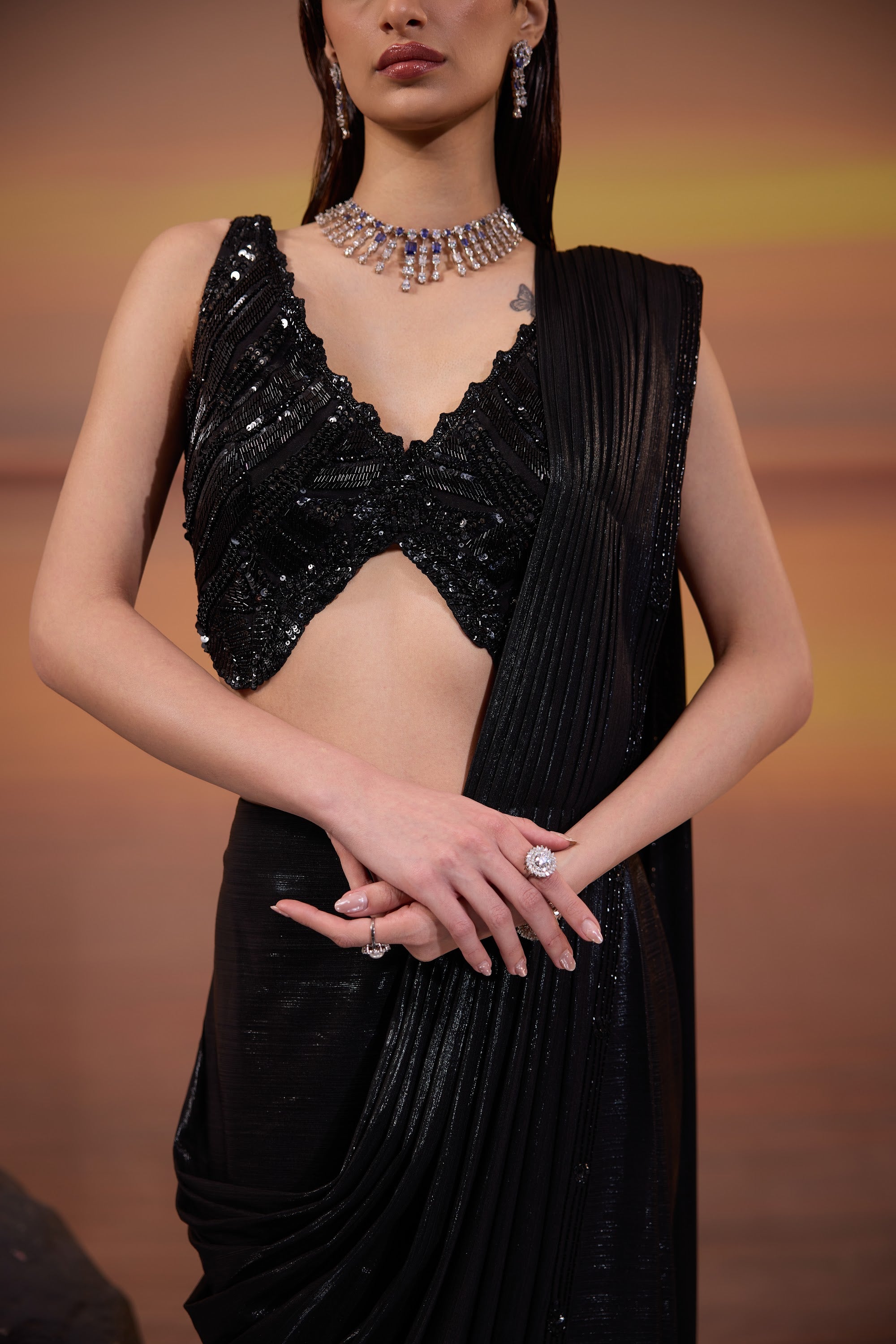 Black Drape Saree with Embellished Blouse - view 3
