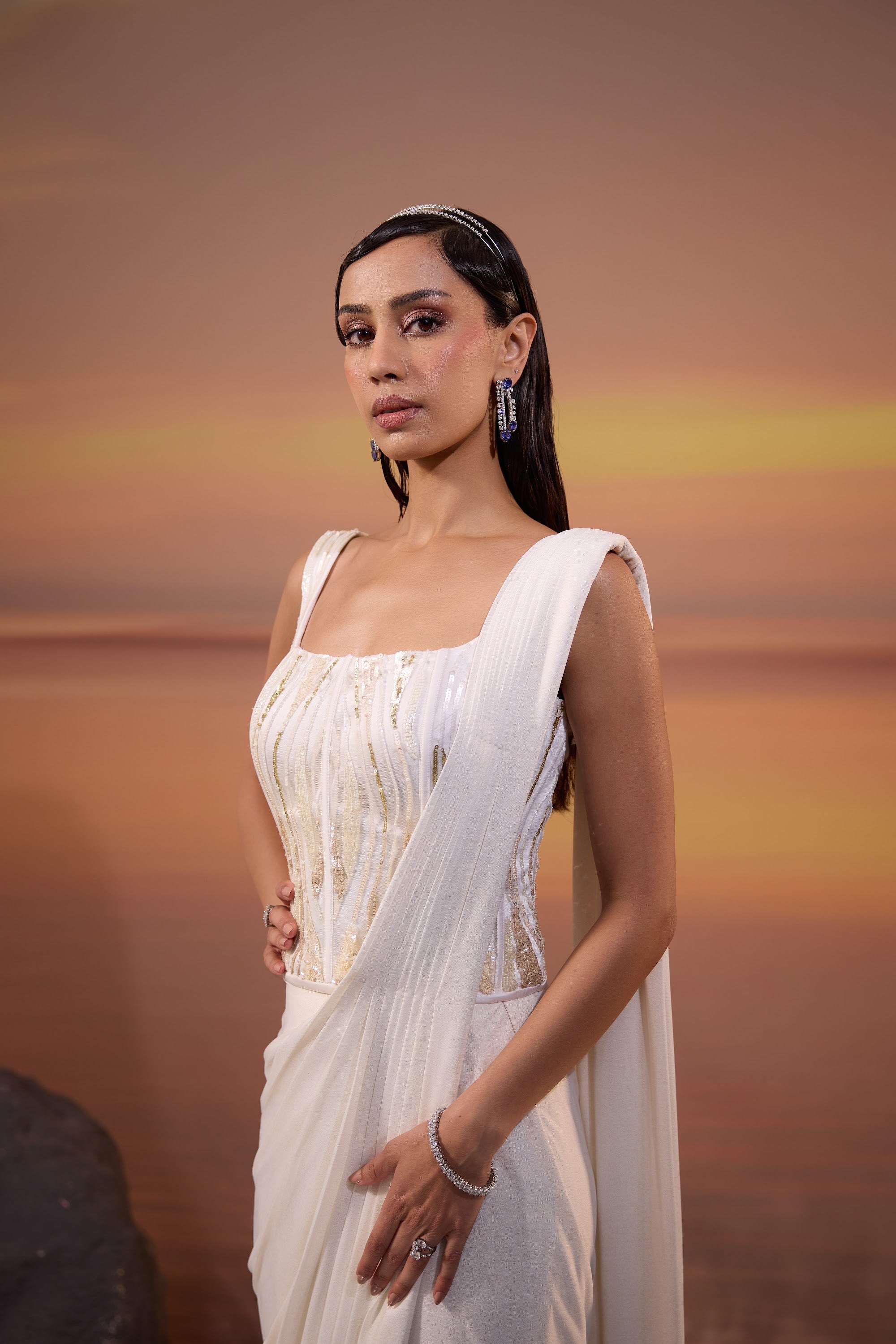 Ivory White Embroidered Drape Saree Set - view 4