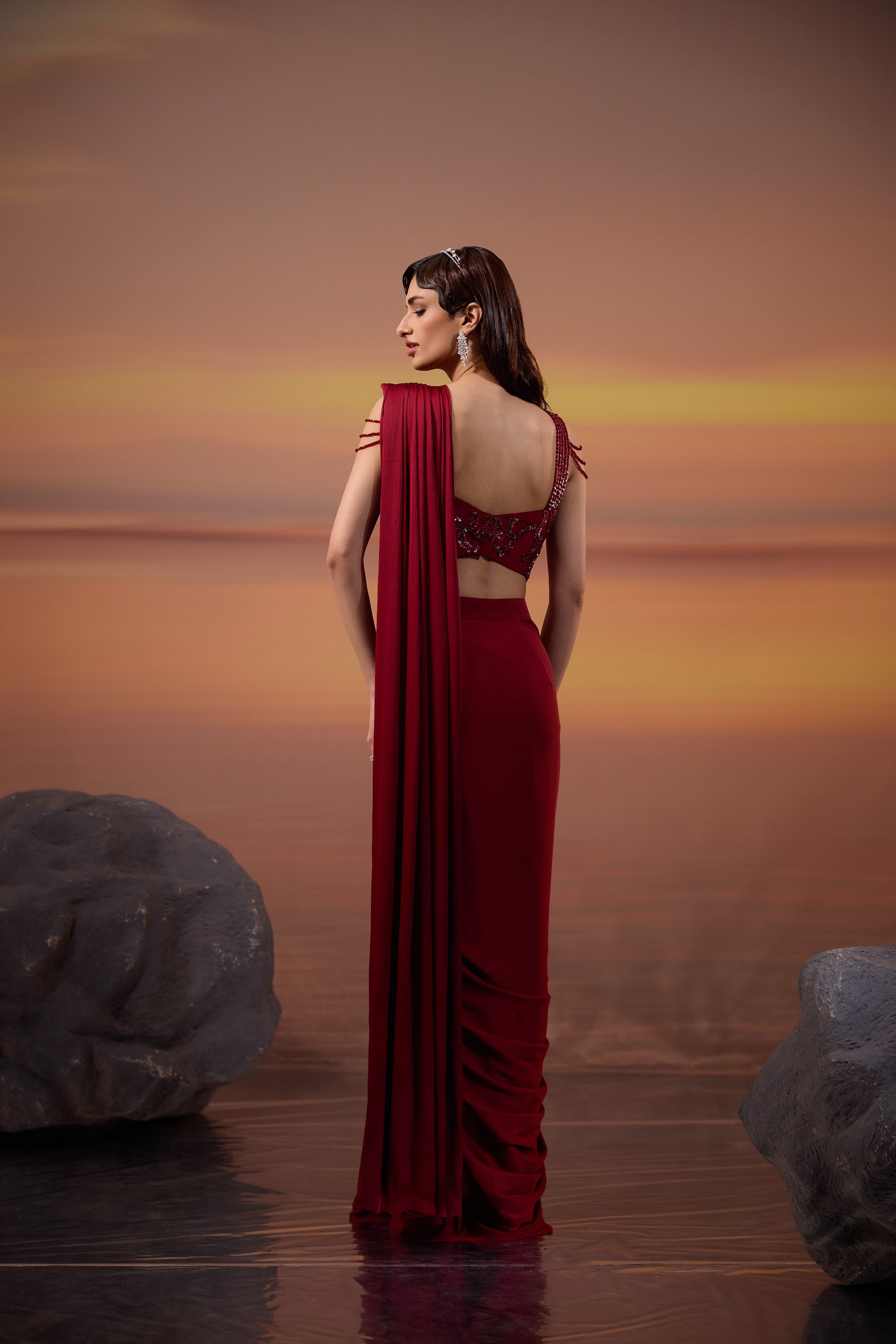 Dark Maroon Embellished Drape Saree Set - view 4