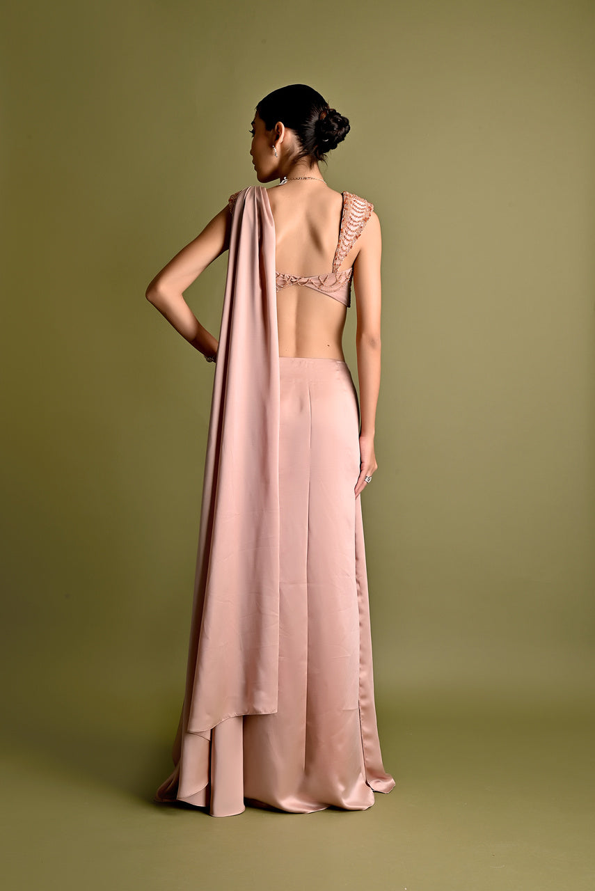 Beige ombre shaded pre stitched saree