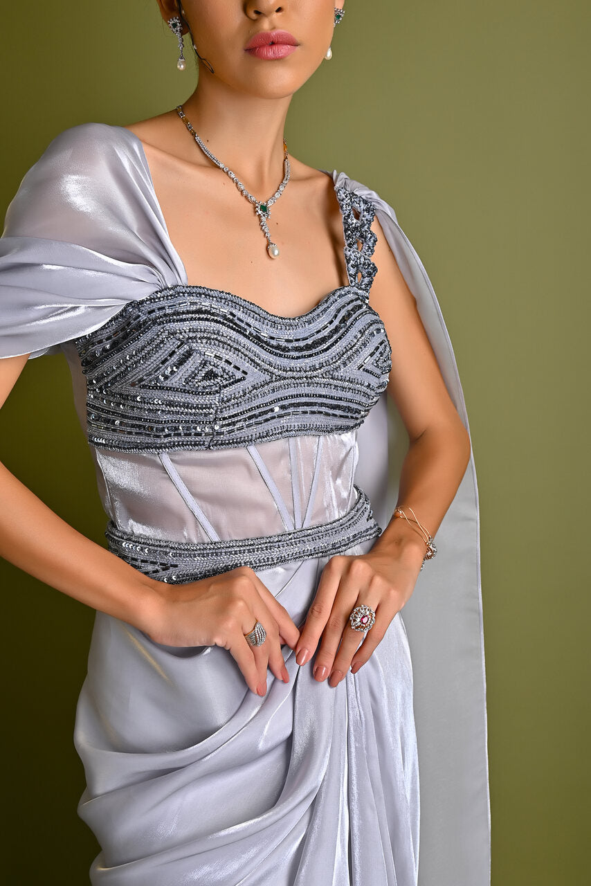 ash grey corset drape saree gown